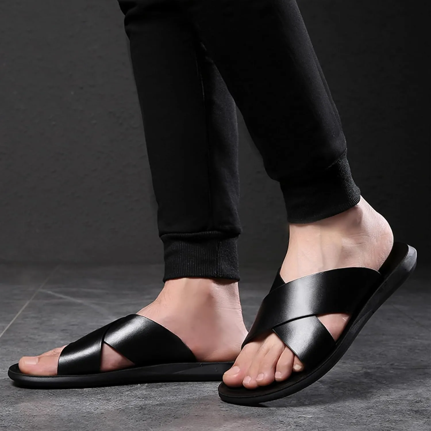 Men's Leather Criss Cross Sandals Slip-Resistant Beach Slides -Lightweight Casual Summer Flat Slippers for Pool Travel & Indoor Outdoor Wear