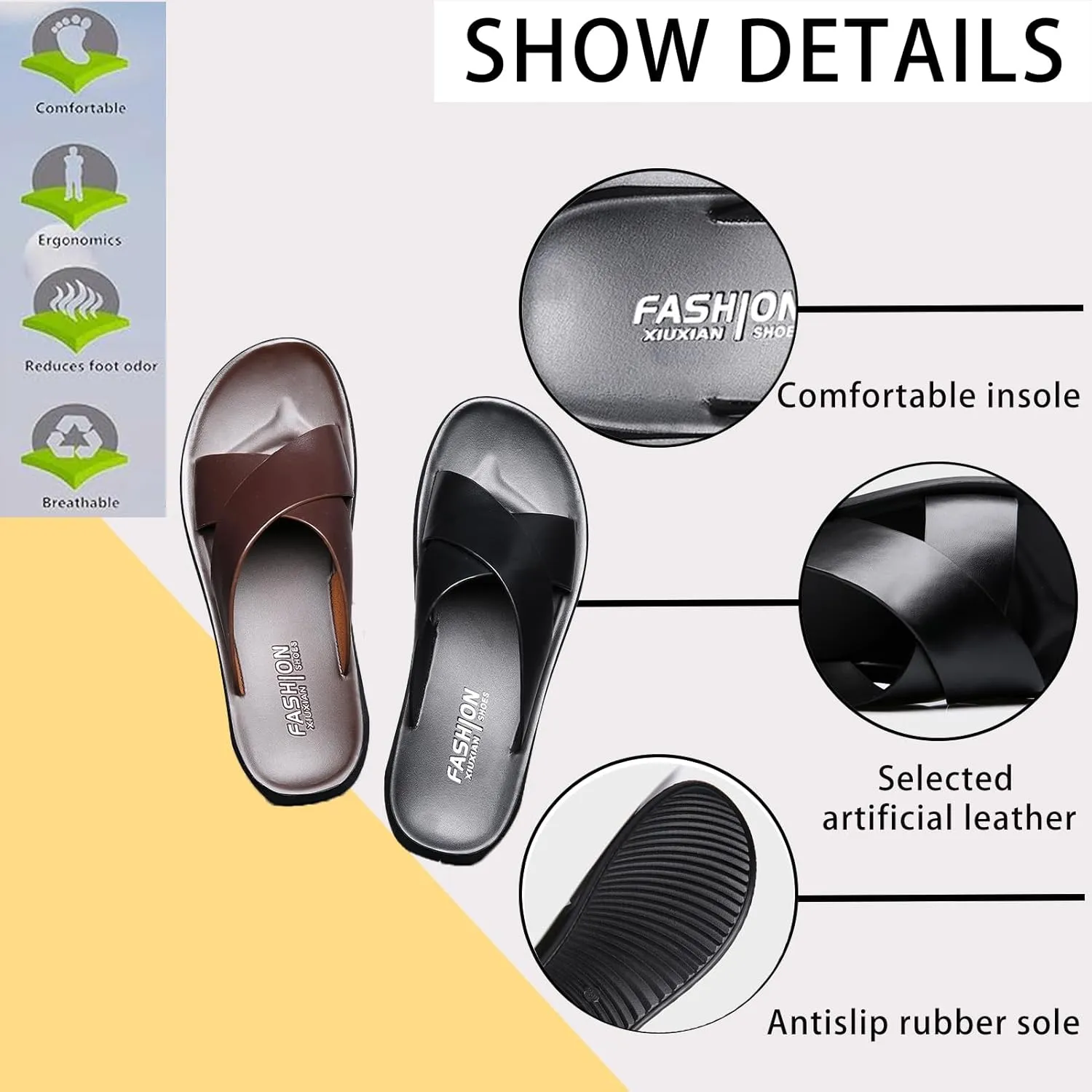 Men's Leather Criss Cross Sandals Slip-Resistant Beach Slides -Lightweight Casual Summer Flat Slippers for Pool Travel & Indoor Outdoor Wear