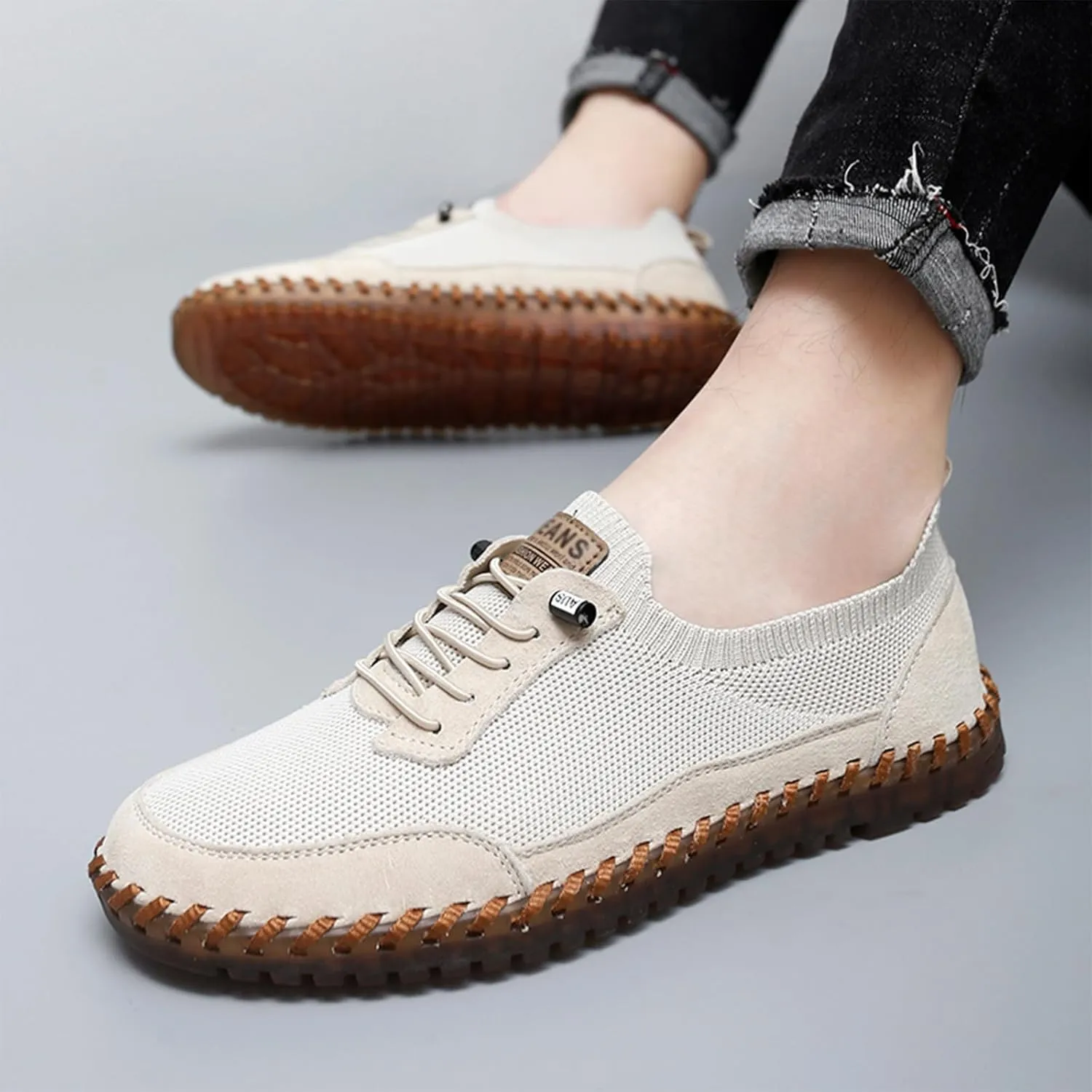Men's Mesh Slip-On Lightweight Sneakers Handmade Breathable Soft Sole Casual Walking Shoes Comfortable Driving Shoes