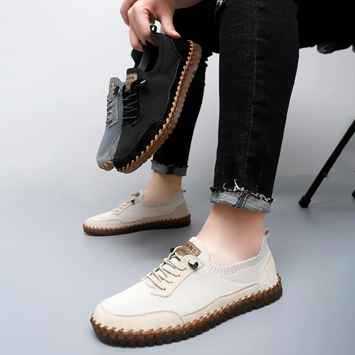 Men's Mesh Slip-On Lightweight Sneakers Handmade Breathable Soft Sole Casual Walking Shoes Comfortable Driving Shoes