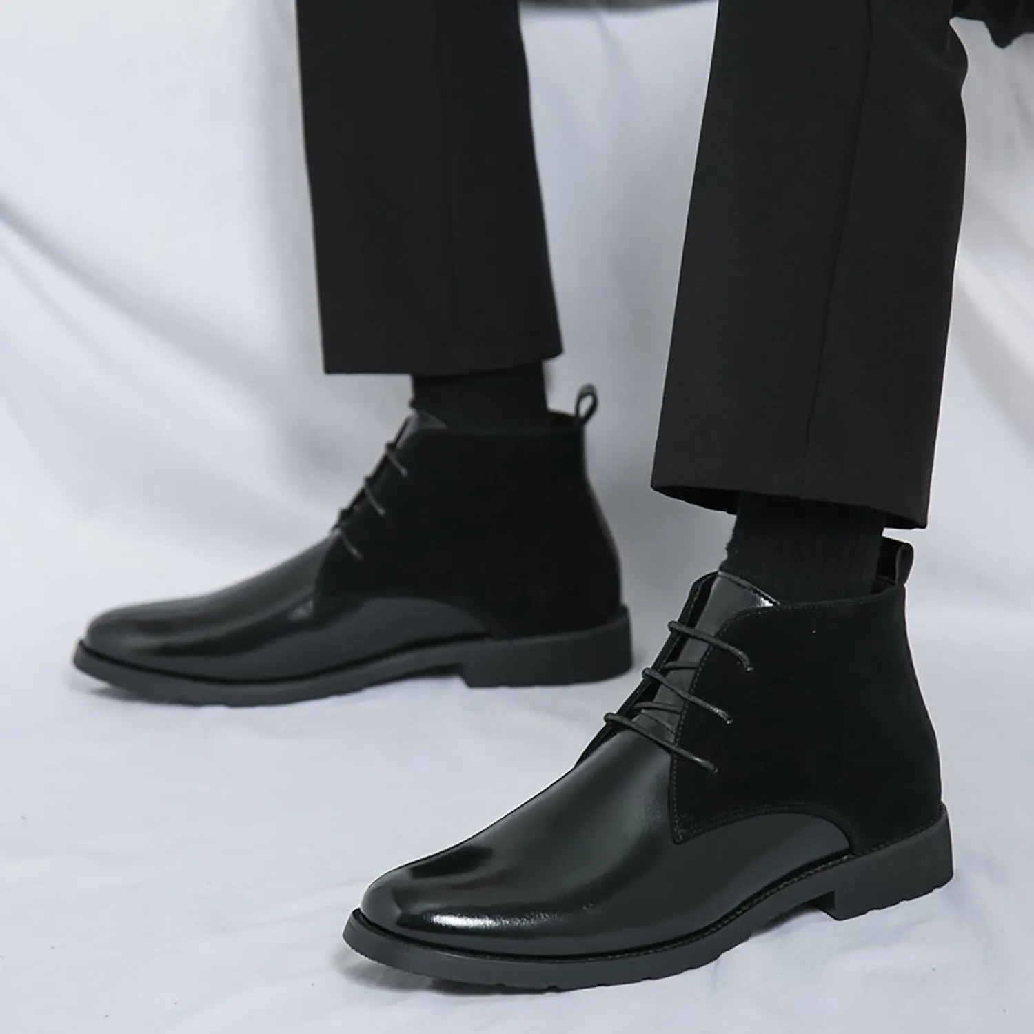 Men'S Splicing Leather Lace Up Low Heel Dress Chukka Ankle Boots Classic Fashion Comfortable Non-Slip Chunky Heel Causal Oxford Booties For Business Work Driving