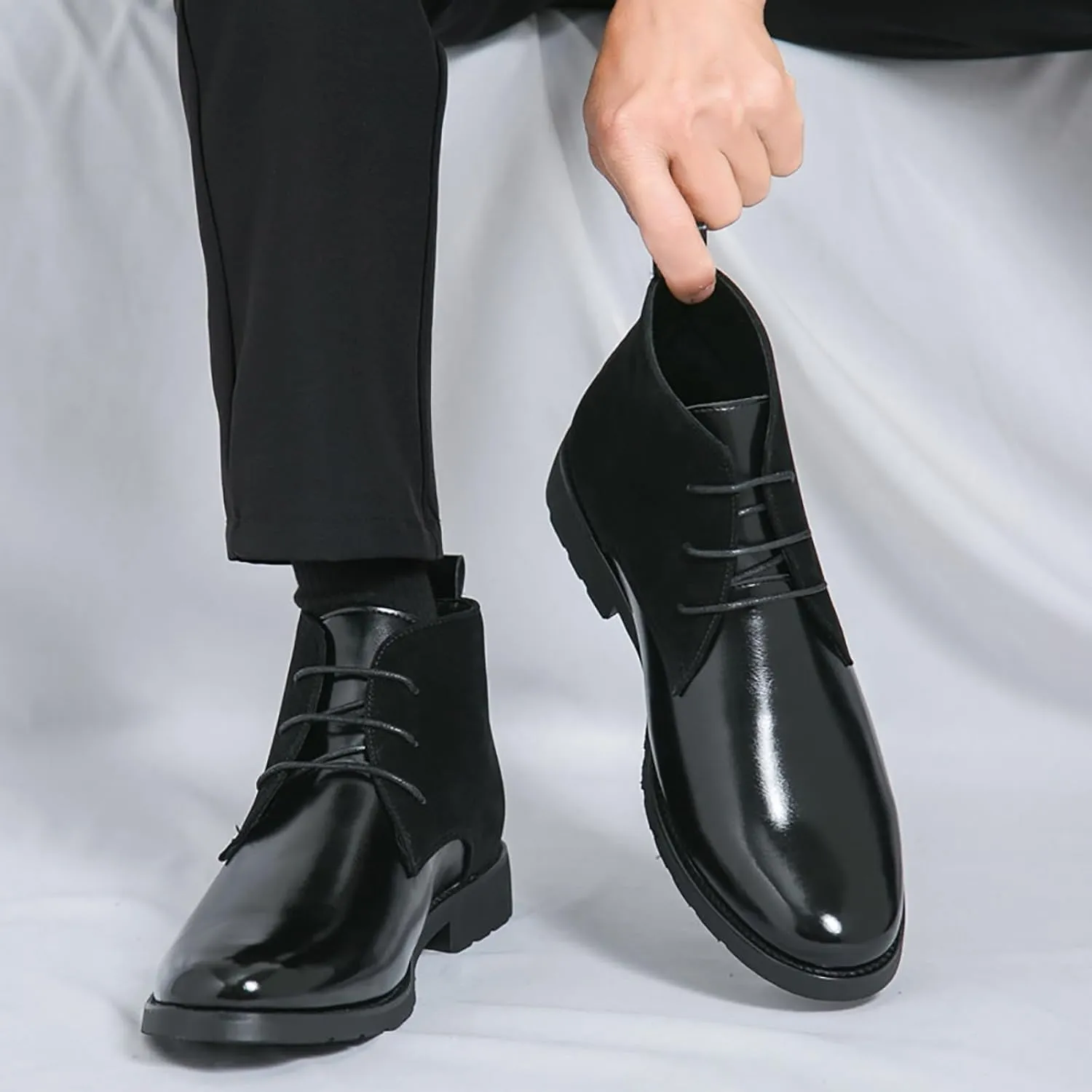 Men'S Splicing Leather Lace Up Low Heel Dress Chukka Ankle Boots Classic Fashion Comfortable Non-Slip Chunky Heel Causal Oxford Booties For Business Work Driving