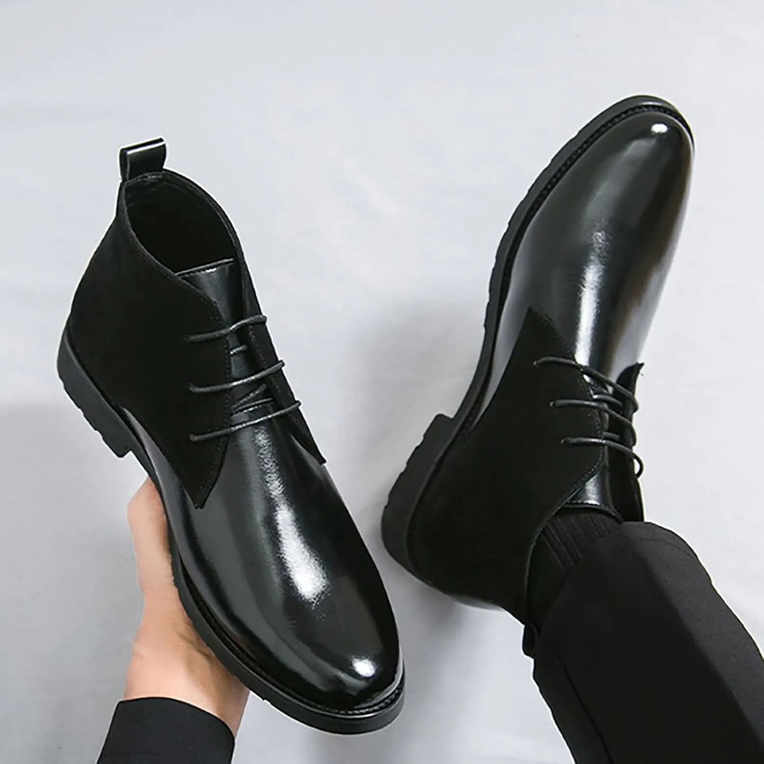 Men'S Splicing Leather Lace Up Low Heel Dress Chukka Ankle Boots Classic Fashion Comfortable Non-Slip Chunky Heel Causal Oxford Booties For Business Work Driving
