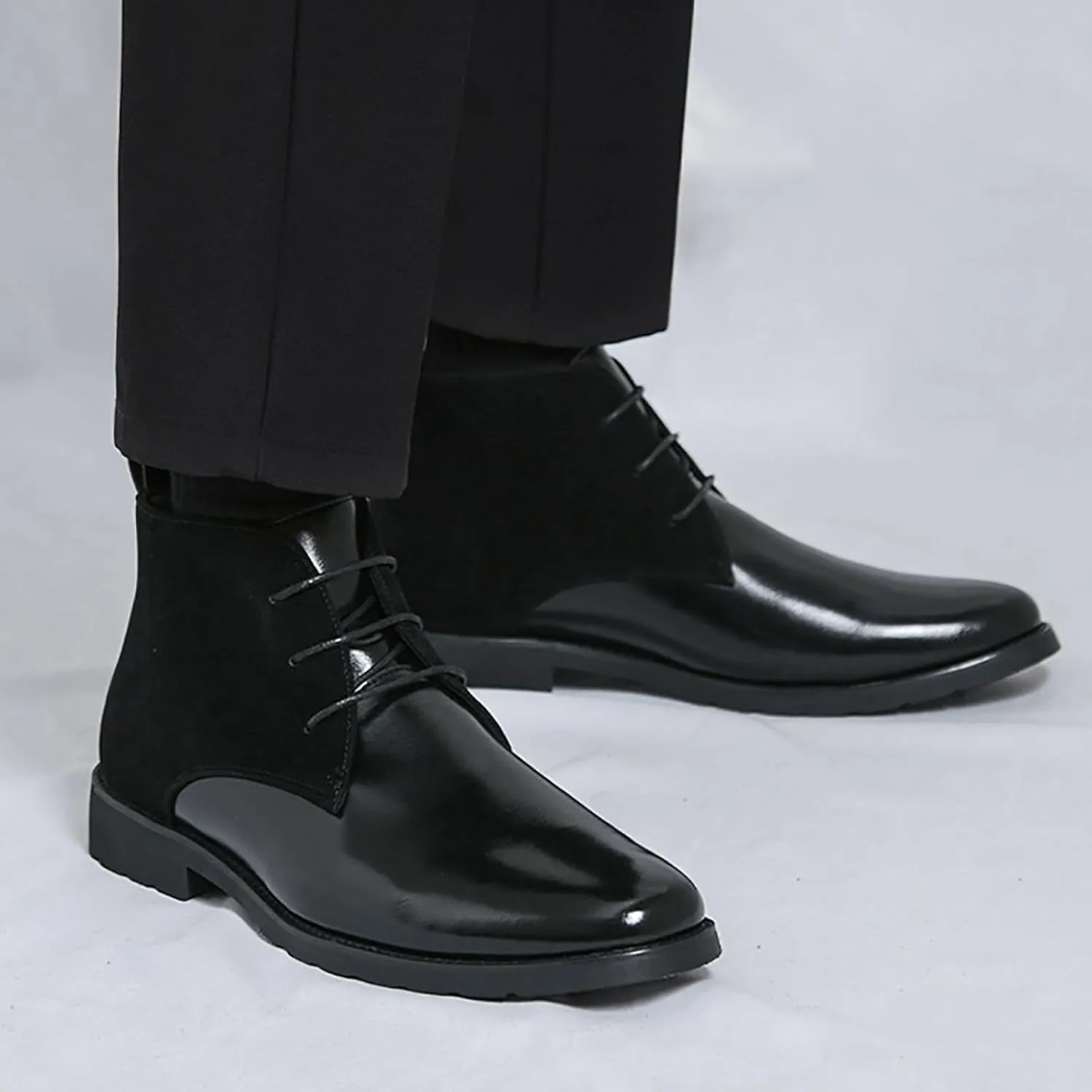 Men'S Splicing Leather Lace Up Low Heel Dress Chukka Ankle Boots Classic Fashion Comfortable Non-Slip Chunky Heel Causal Oxford Booties For Business Work Driving