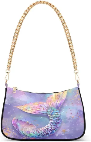 Mermaid Galaxy Nebula Watercolor Starry Tote Bag Hobo Handbag Shoulder Bag for Women Ladies Mini Clutch Purse with Zipper Closure