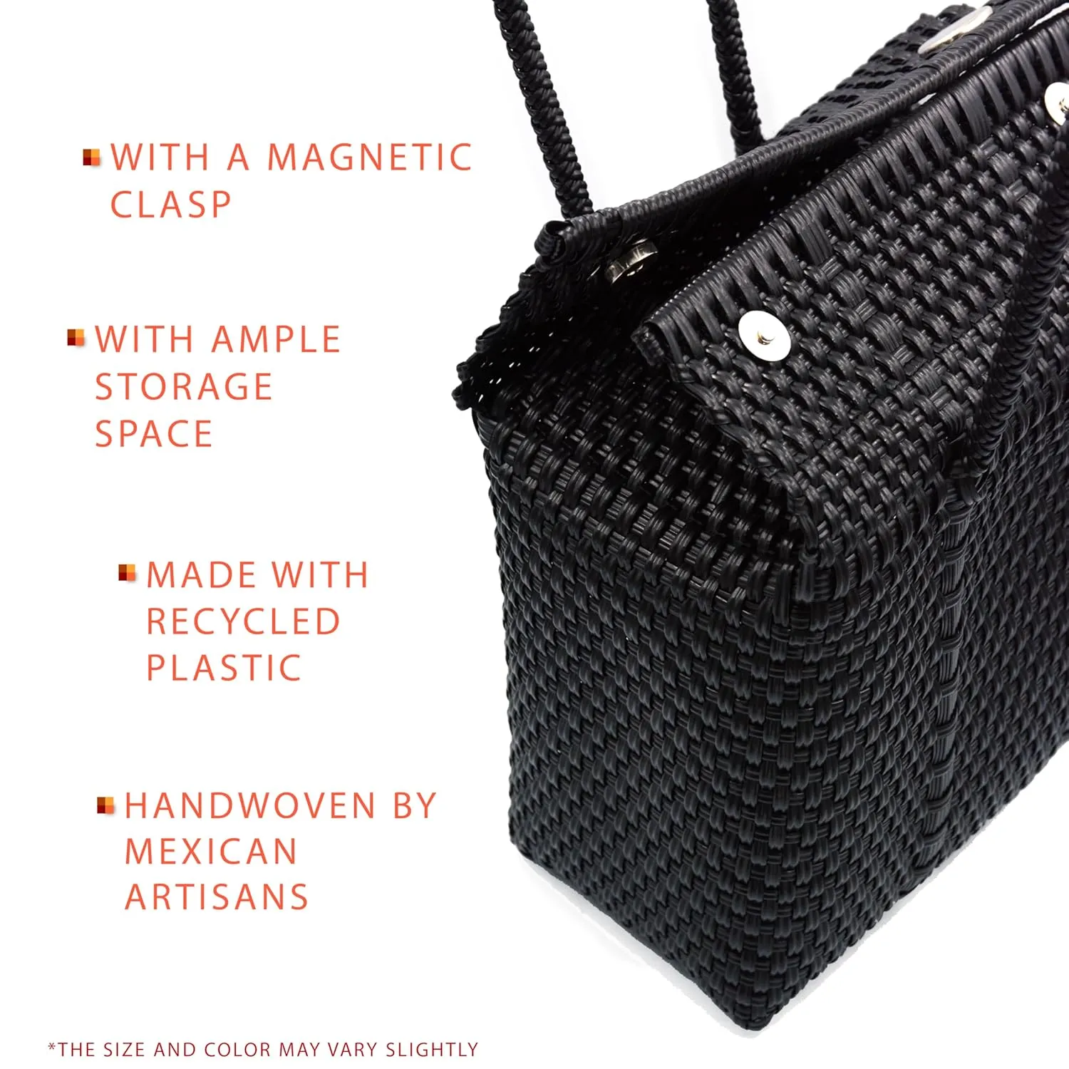 Mexican Handwoven Artisan Bag for Women Made from Recycled Plastic in a Solid Color (Small, BLACK)