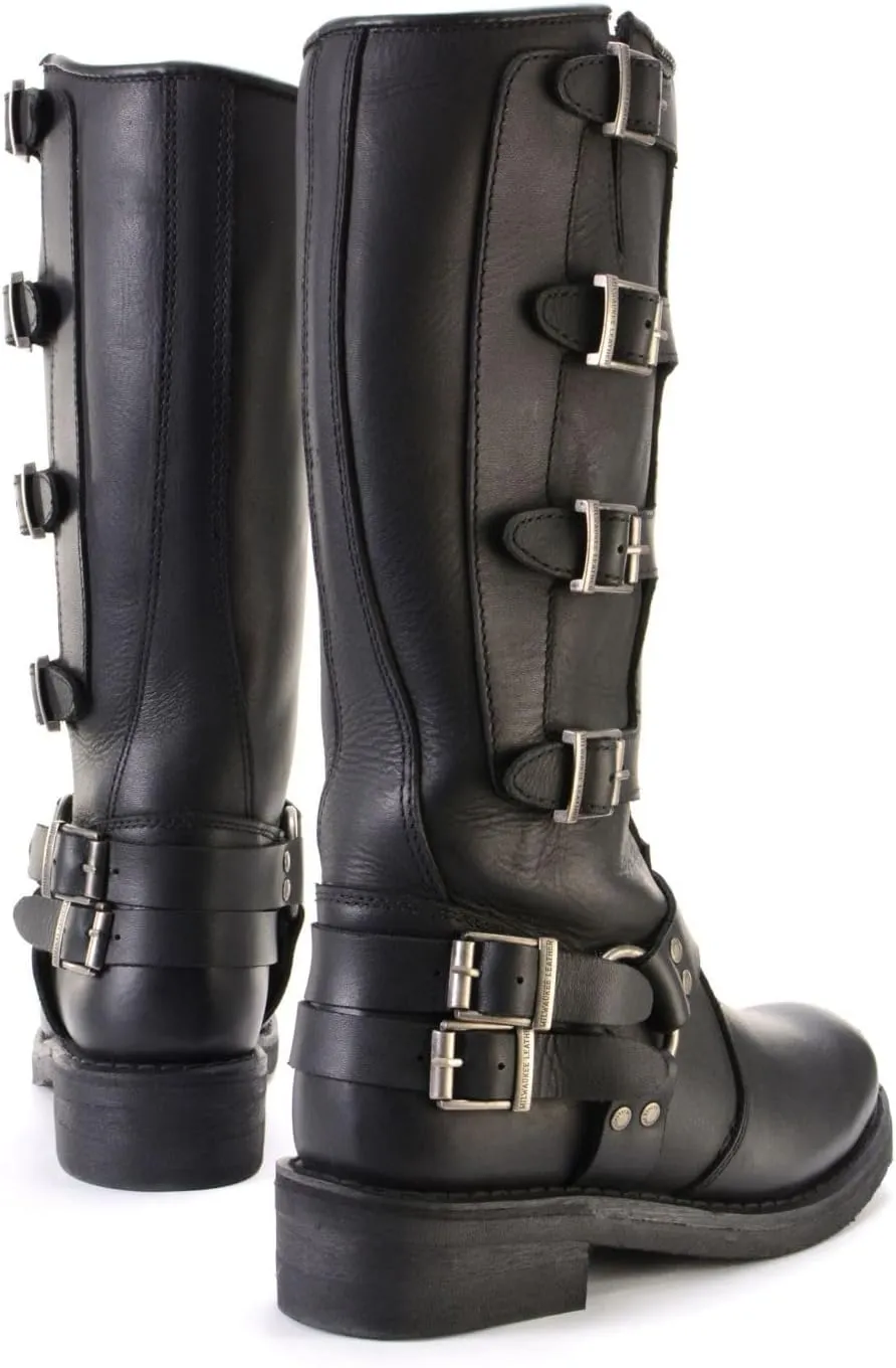 Milwaukee Leather MBL9346 Women's Tall Black Leather Harness Motorcycle Rider Boots w/Adjustable Straps - 9