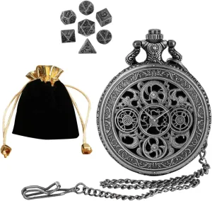 Mini Metal Dice Set, Bronze Steampunk Gear Pocket Watch Shell, Hollow Shell Case Gear Engraved Pocket Watch, 7pcs Polyhedral Antique Tiny Metal Dice Set (Gray,One Size)