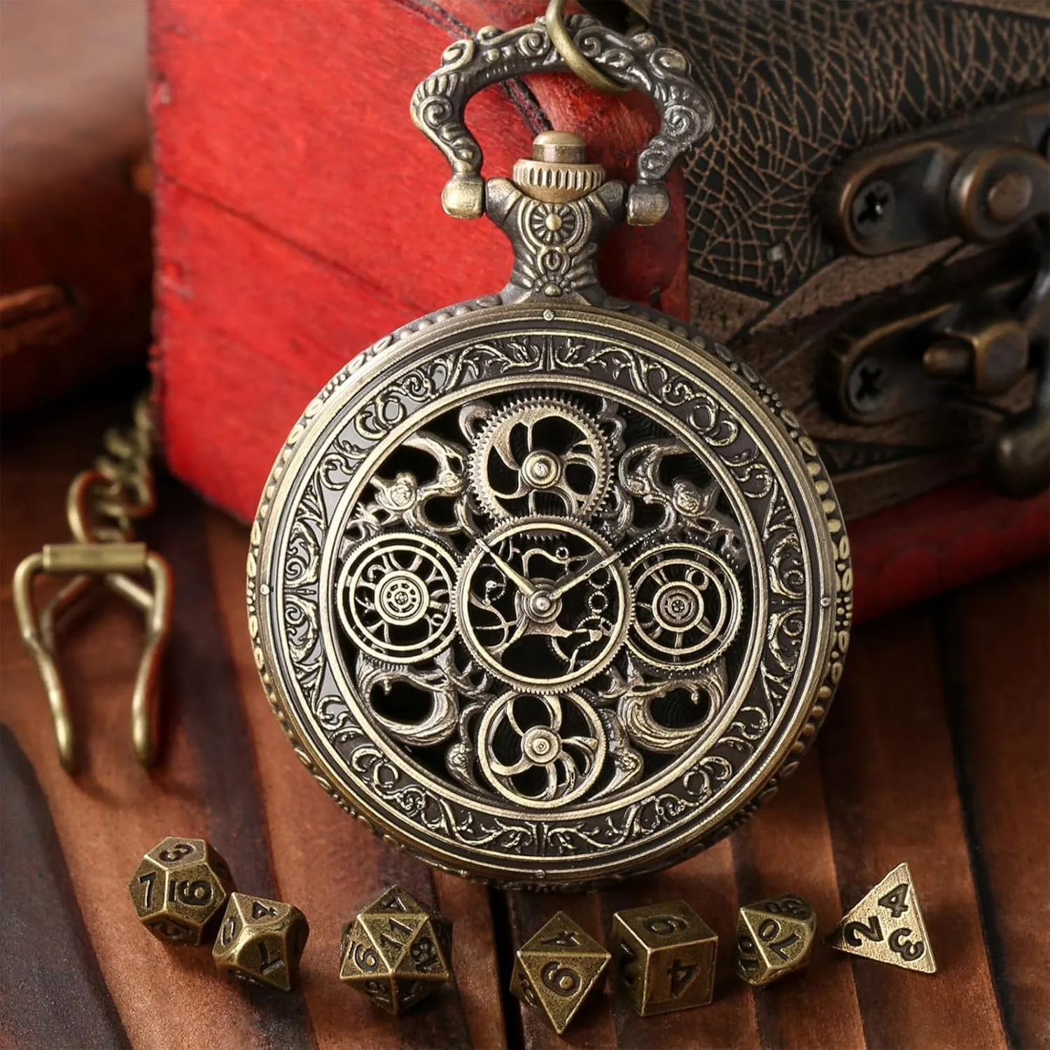 Mini Metal Dice Set, Bronze Steampunk Gear Pocket Watch Shell, Hollow Shell Case Gear Engraved Pocket Watch, 7pcs Polyhedral Antique Tiny Metal Dice Set (Gray,One Size)