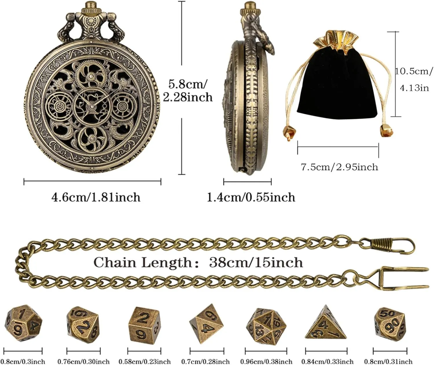 Mini Metal Dice Set, Bronze Steampunk Gear Pocket Watch Shell, Hollow Shell Case Gear Engraved Pocket Watch, 7pcs Polyhedral Antique Tiny Metal Dice Set (Gray,One Size)
