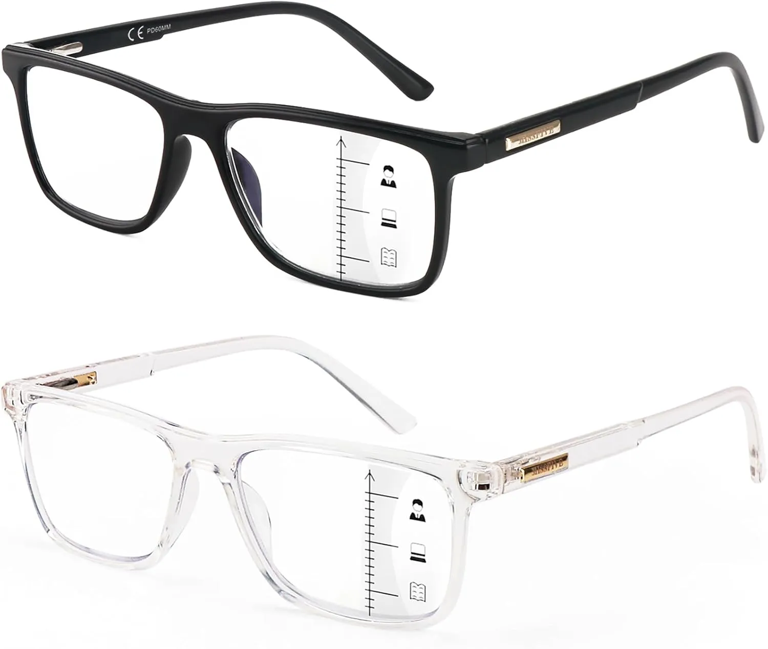 Missfive 2 Pack Multifocus Progressive Reading Glasses - Blue Light Blocking Anti UV/Eye Strain, Durable Metal Spring Hinge Multifocal Readers, Stylish Eyewear for Near Workspace,1.5x