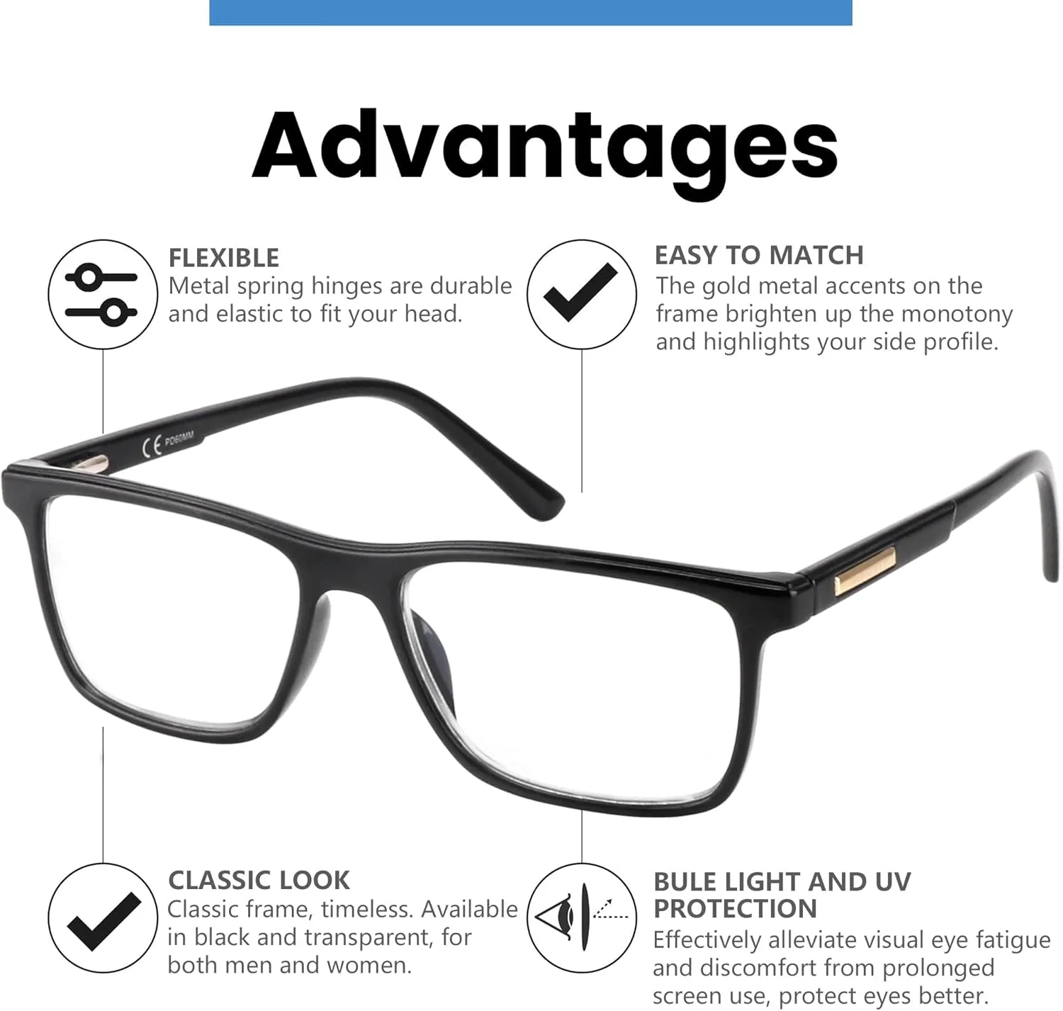 Missfive 2 Pack Multifocus Progressive Reading Glasses - Blue Light Blocking Anti UV/Eye Strain, Durable Metal Spring Hinge Multifocal Readers, Stylish Eyewear for Near Workspace,1.5x
