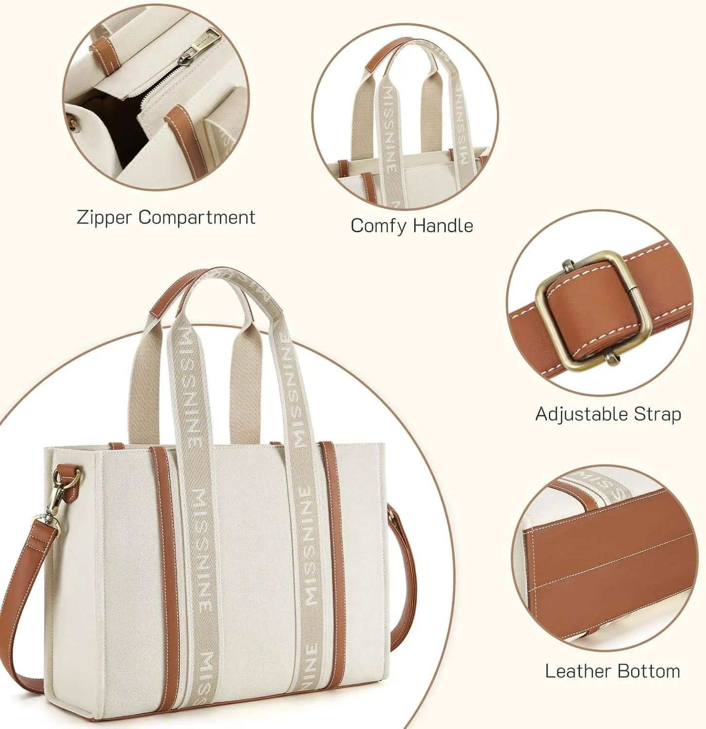 Missnine Tote Bag for Women Canvas Top Handle Satchel Purse Trendy Lightweight Hobo Shoulder Bag with Zipper