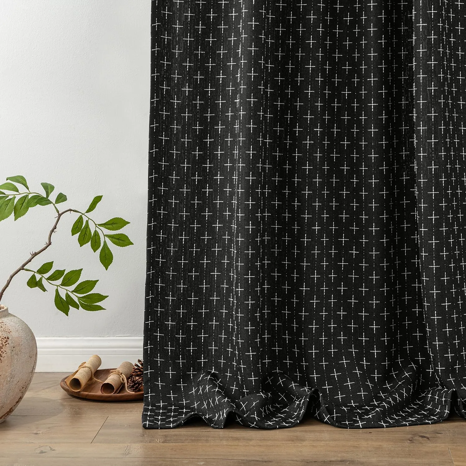 MIULEE Decorative Back Tab Linen Curtains with Geometric Pattern for Living Room Bedroom Farmhouse Rustic Thick Woven Textured Patterned Mudcloth Drapes 84 Inches Long 2 Panels Set, Black