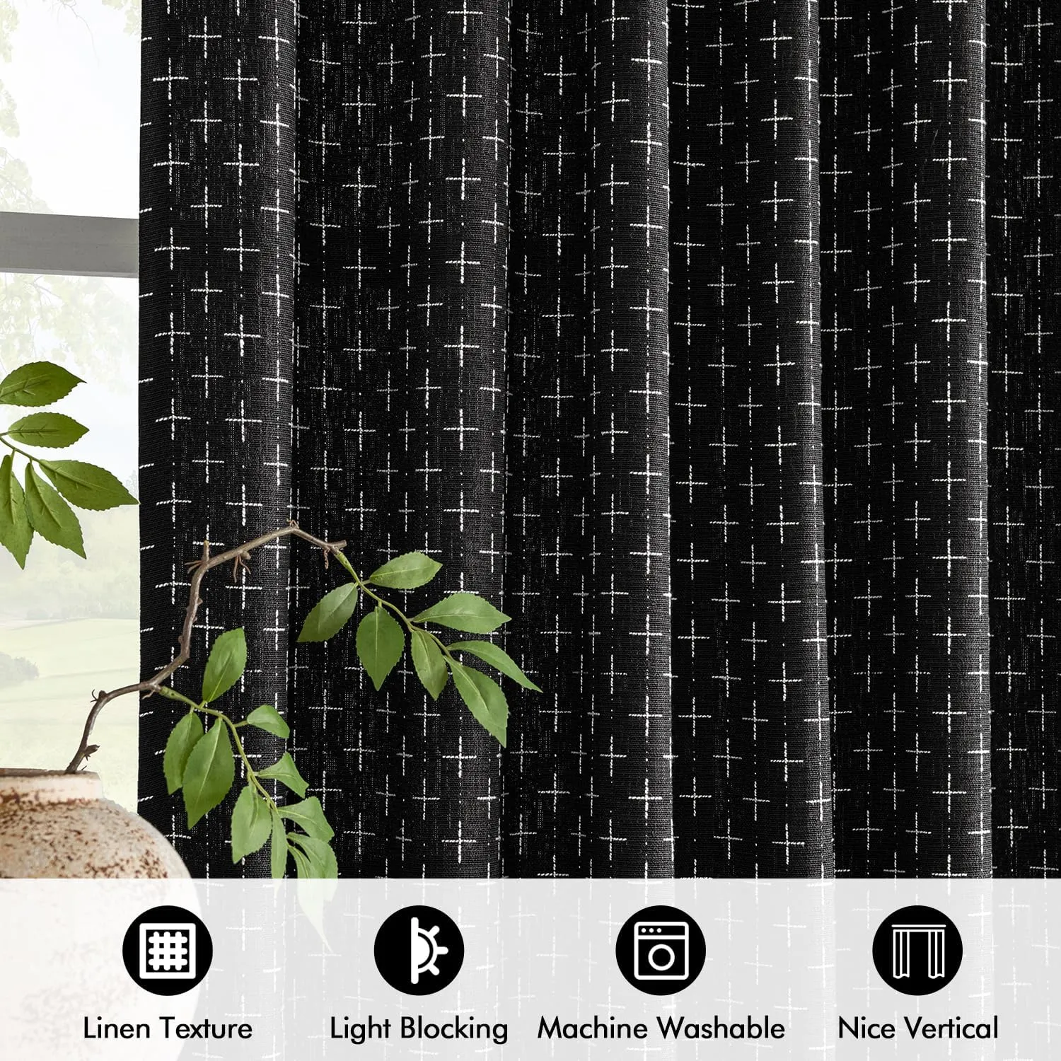 MIULEE Decorative Back Tab Linen Curtains with Geometric Pattern for Living Room Bedroom Farmhouse Rustic Thick Woven Textured Patterned Mudcloth Drapes 84 Inches Long 2 Panels Set, Black