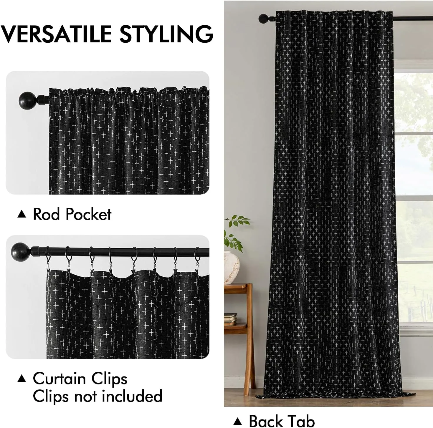 MIULEE Decorative Back Tab Linen Curtains with Geometric Pattern for Living Room Bedroom Farmhouse Rustic Thick Woven Textured Patterned Mudcloth Drapes 84 Inches Long 2 Panels Set, Black