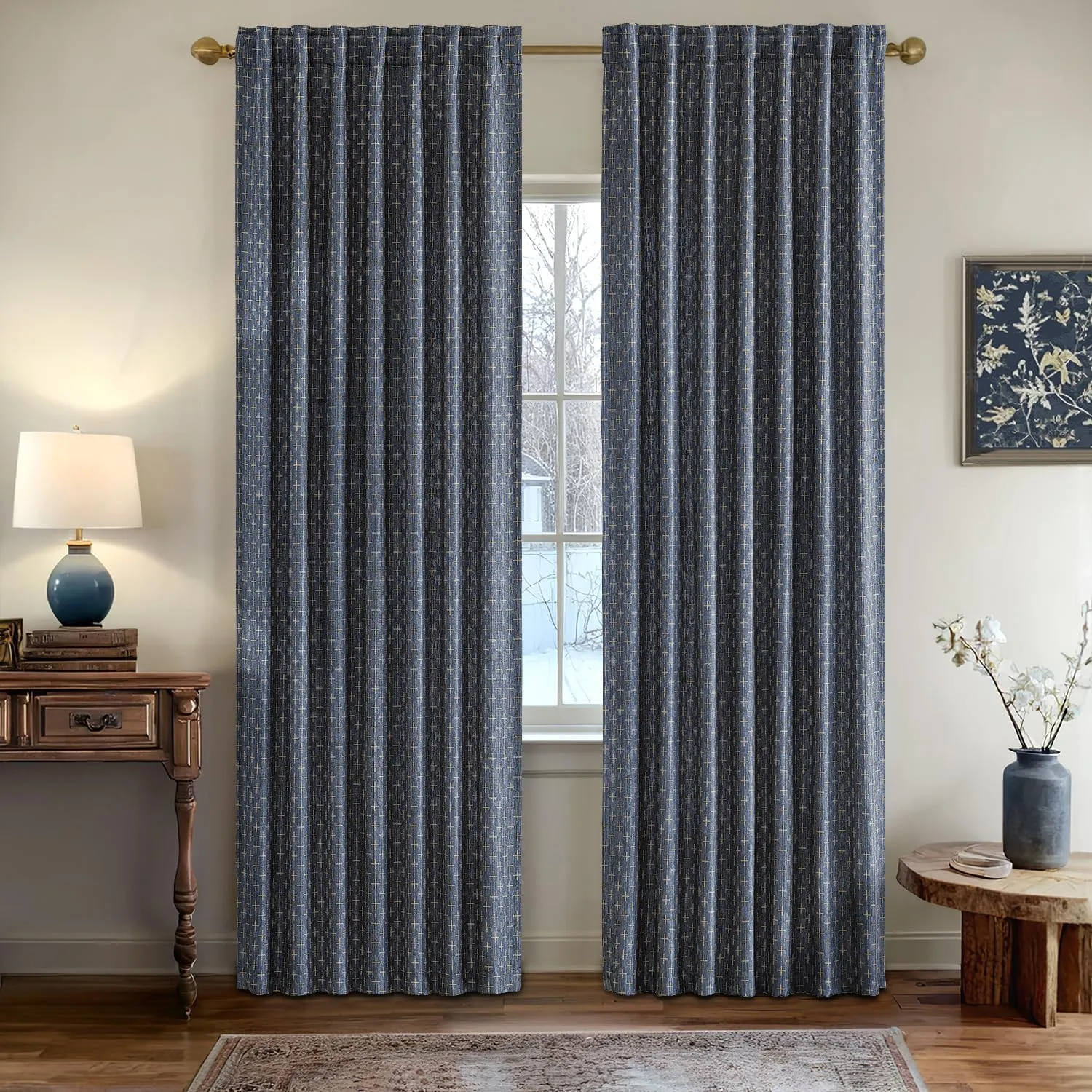 MIULEE Decorative Back Tab Linen Curtains with Geometric Pattern for Living Room Bedroom Farmhouse Rustic Thick Woven Textured Patterned Mudcloth Drapes 84 Inches Long 2 Panels Set, Blue