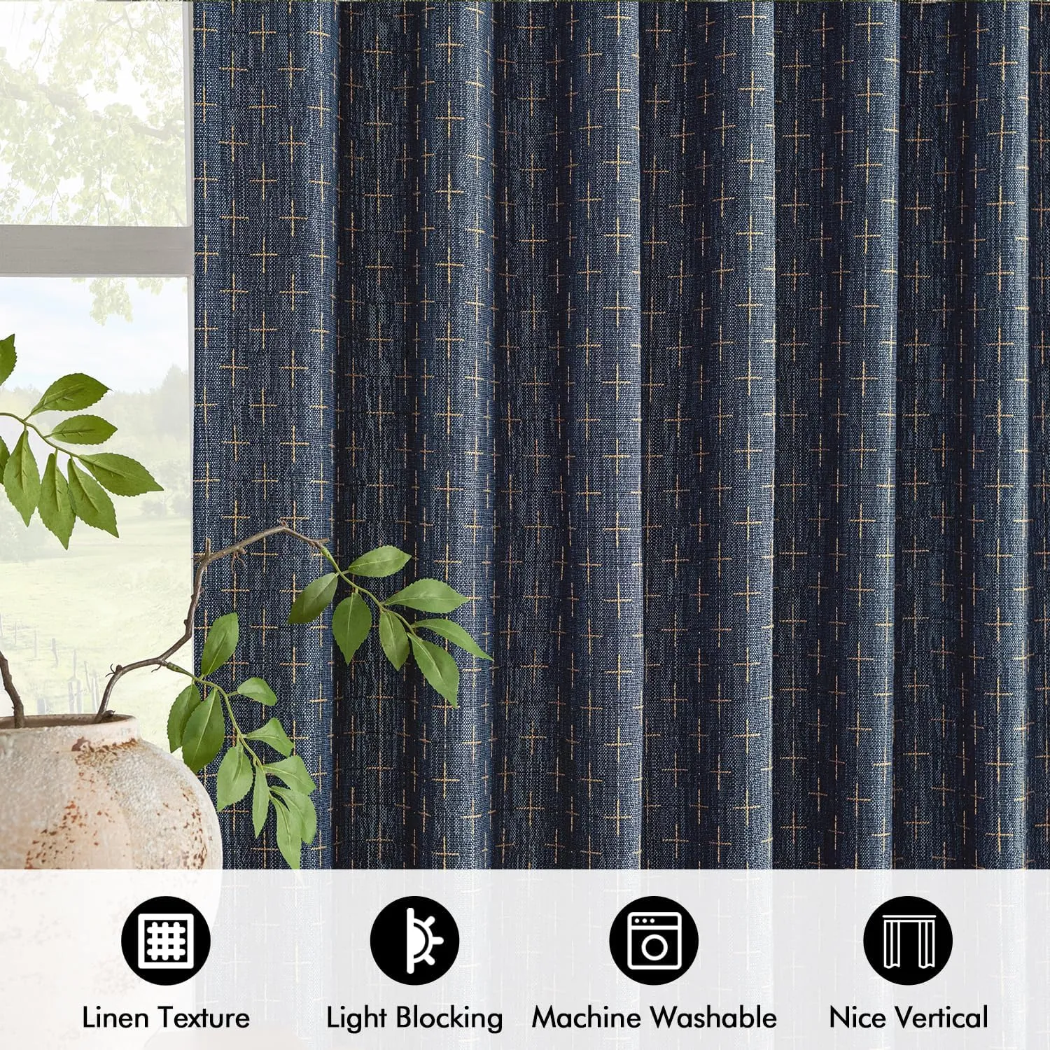 MIULEE Decorative Back Tab Linen Curtains with Geometric Pattern for Living Room Bedroom Farmhouse Rustic Thick Woven Textured Patterned Mudcloth Drapes 84 Inches Long 2 Panels Set, Blue