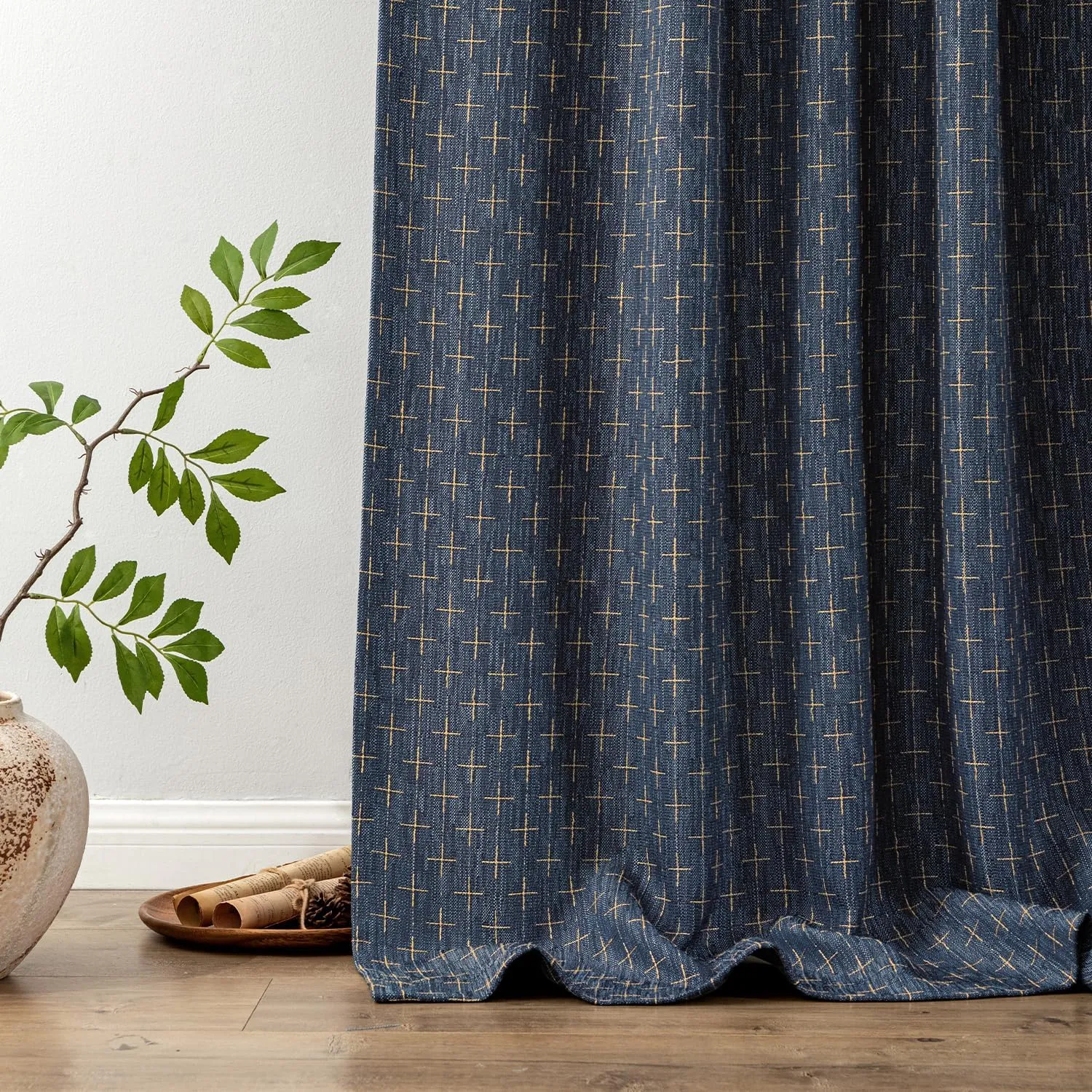 MIULEE Decorative Back Tab Linen Curtains with Geometric Pattern for Living Room Bedroom Farmhouse Rustic Thick Woven Textured Patterned Mudcloth Drapes 84 Inches Long 2 Panels Set, Blue