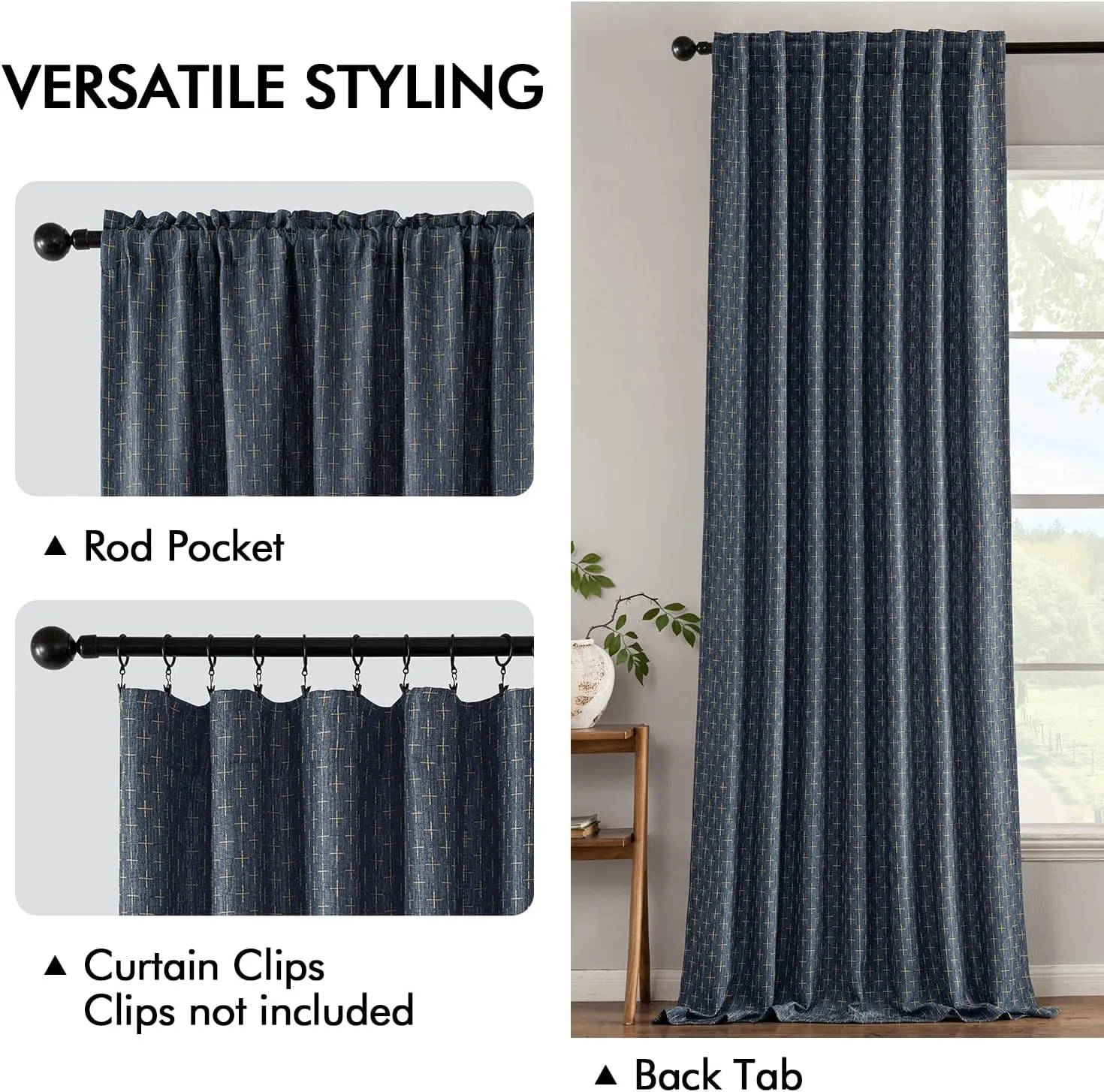 MIULEE Decorative Back Tab Linen Curtains with Geometric Pattern for Living Room Bedroom Farmhouse Rustic Thick Woven Textured Patterned Mudcloth Drapes 84 Inches Long 2 Panels Set, Blue