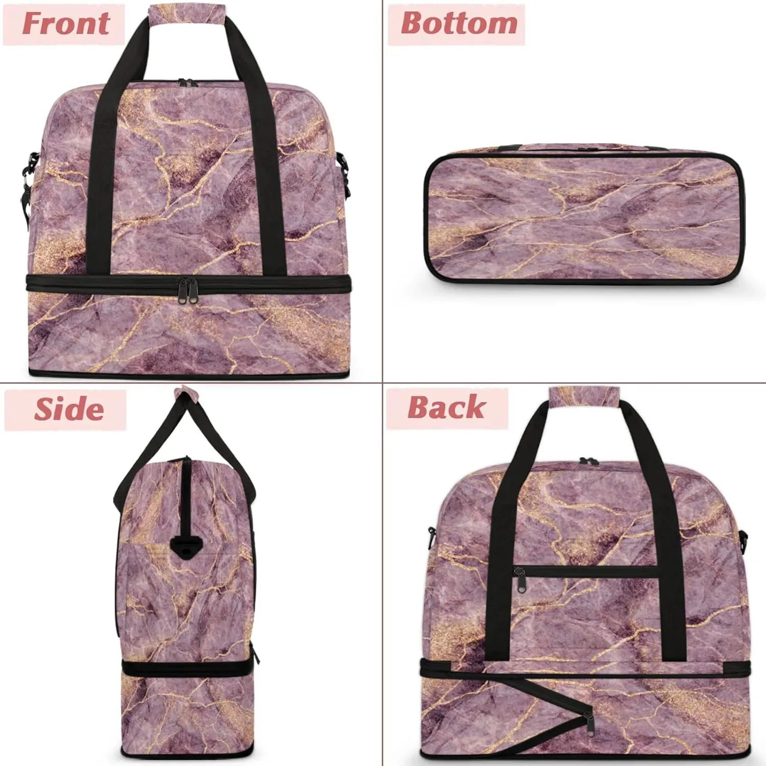 Modern Purple Marble Travel Duffel Bags for Women & Men Large Sports Gym Bags Foldie Weekender Overnight Bag Carry On Tote Bag With Shoe Compartment Personal Item Luggage for Travel Sports Gym