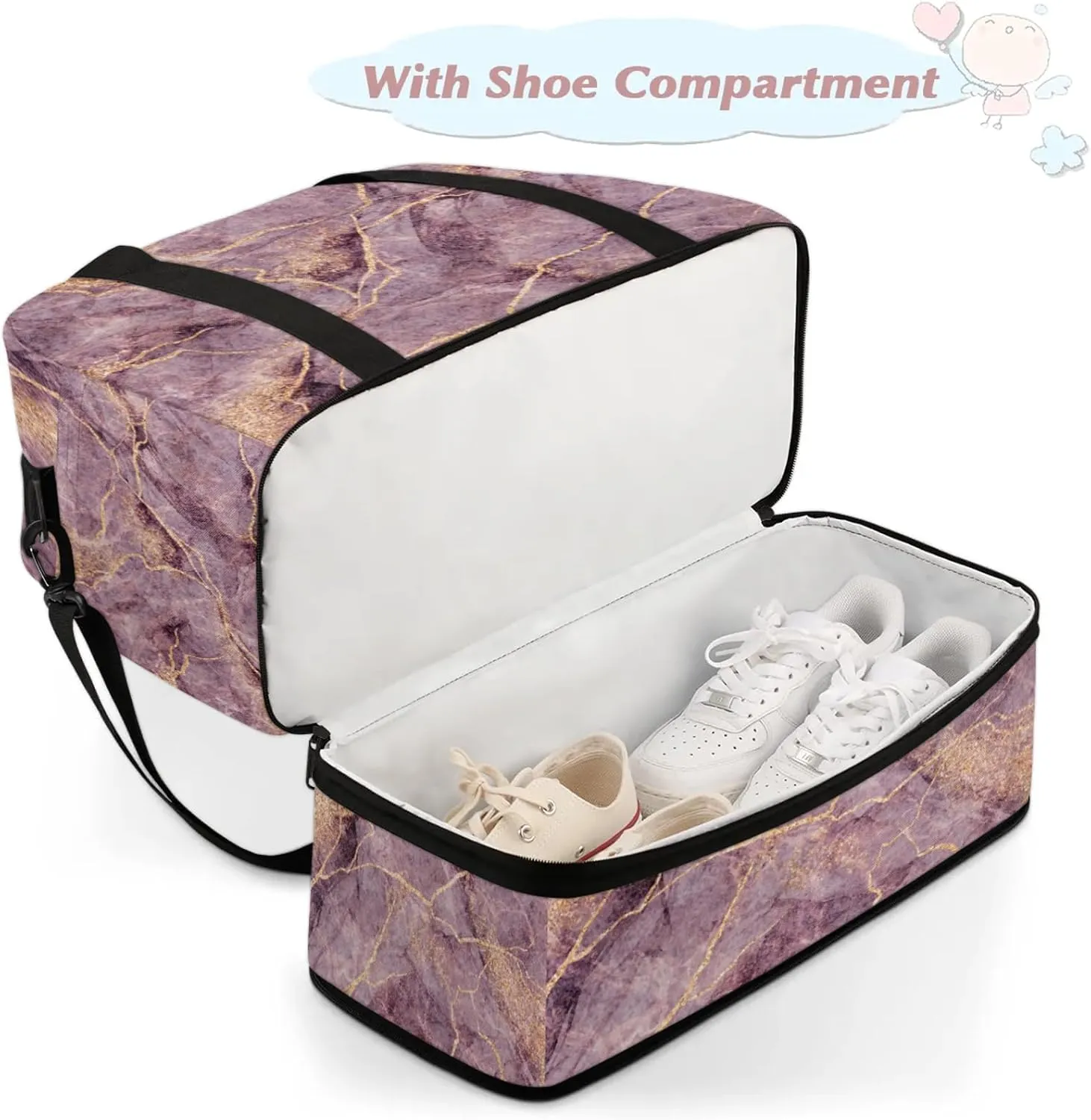 Modern Purple Marble Travel Duffel Bags for Women & Men Large Sports Gym Bags Foldie Weekender Overnight Bag Carry On Tote Bag With Shoe Compartment Personal Item Luggage for Travel Sports Gym