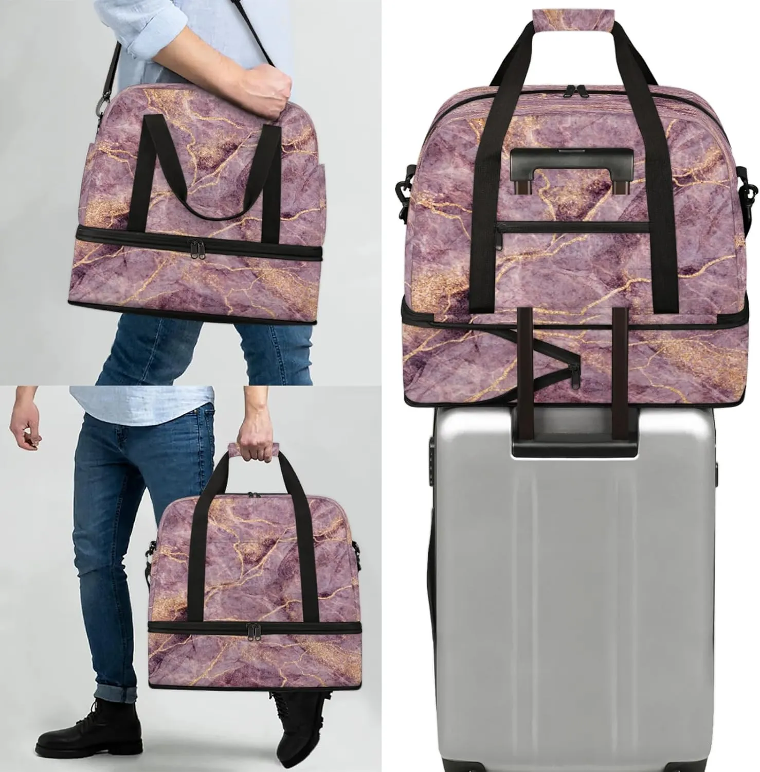Modern Purple Marble Travel Duffel Bags for Women & Men Large Sports Gym Bags Foldie Weekender Overnight Bag Carry On Tote Bag With Shoe Compartment Personal Item Luggage for Travel Sports Gym