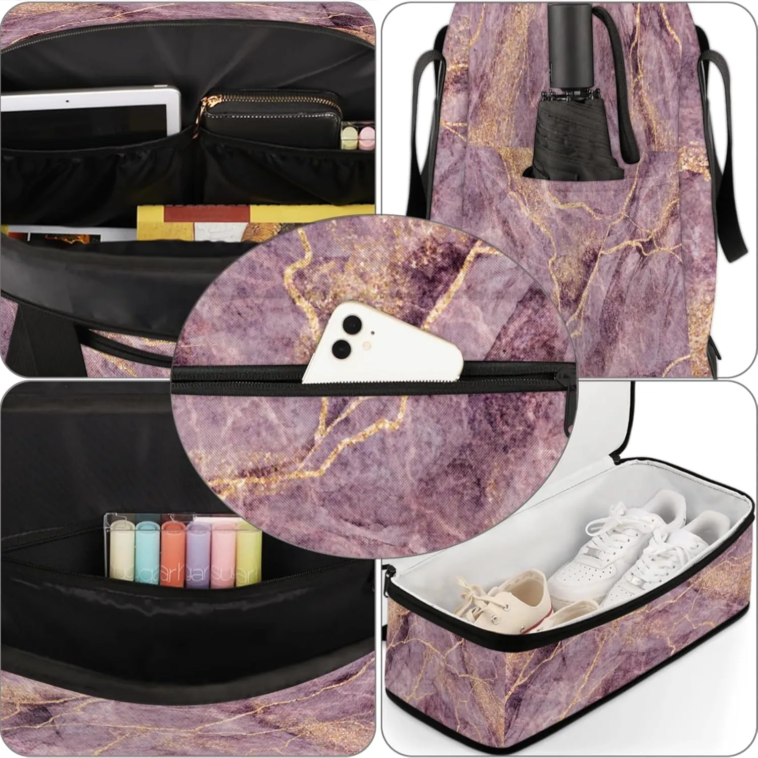Modern Purple Marble Travel Duffel Bags for Women & Men Large Sports Gym Bags Foldie Weekender Overnight Bag Carry On Tote Bag With Shoe Compartment Personal Item Luggage for Travel Sports Gym