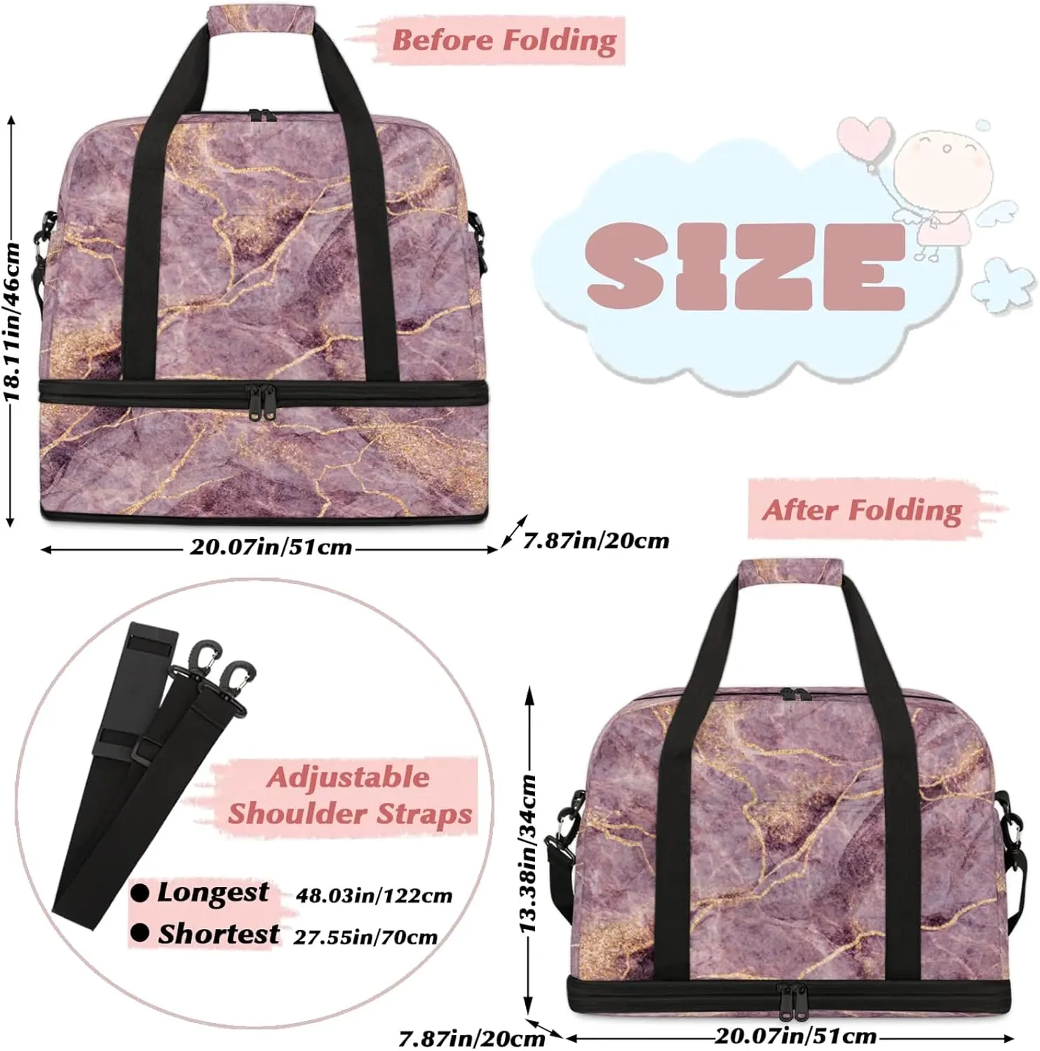 Modern Purple Marble Travel Duffel Bags for Women & Men Large Sports Gym Bags Foldie Weekender Overnight Bag Carry On Tote Bag With Shoe Compartment Personal Item Luggage for Travel Sports Gym