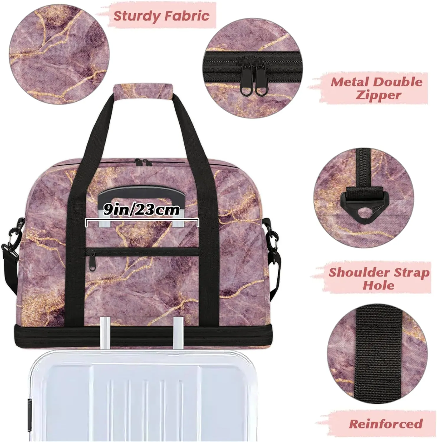 Modern Purple Marble Travel Duffel Bags for Women & Men Large Sports Gym Bags Foldie Weekender Overnight Bag Carry On Tote Bag With Shoe Compartment Personal Item Luggage for Travel Sports Gym