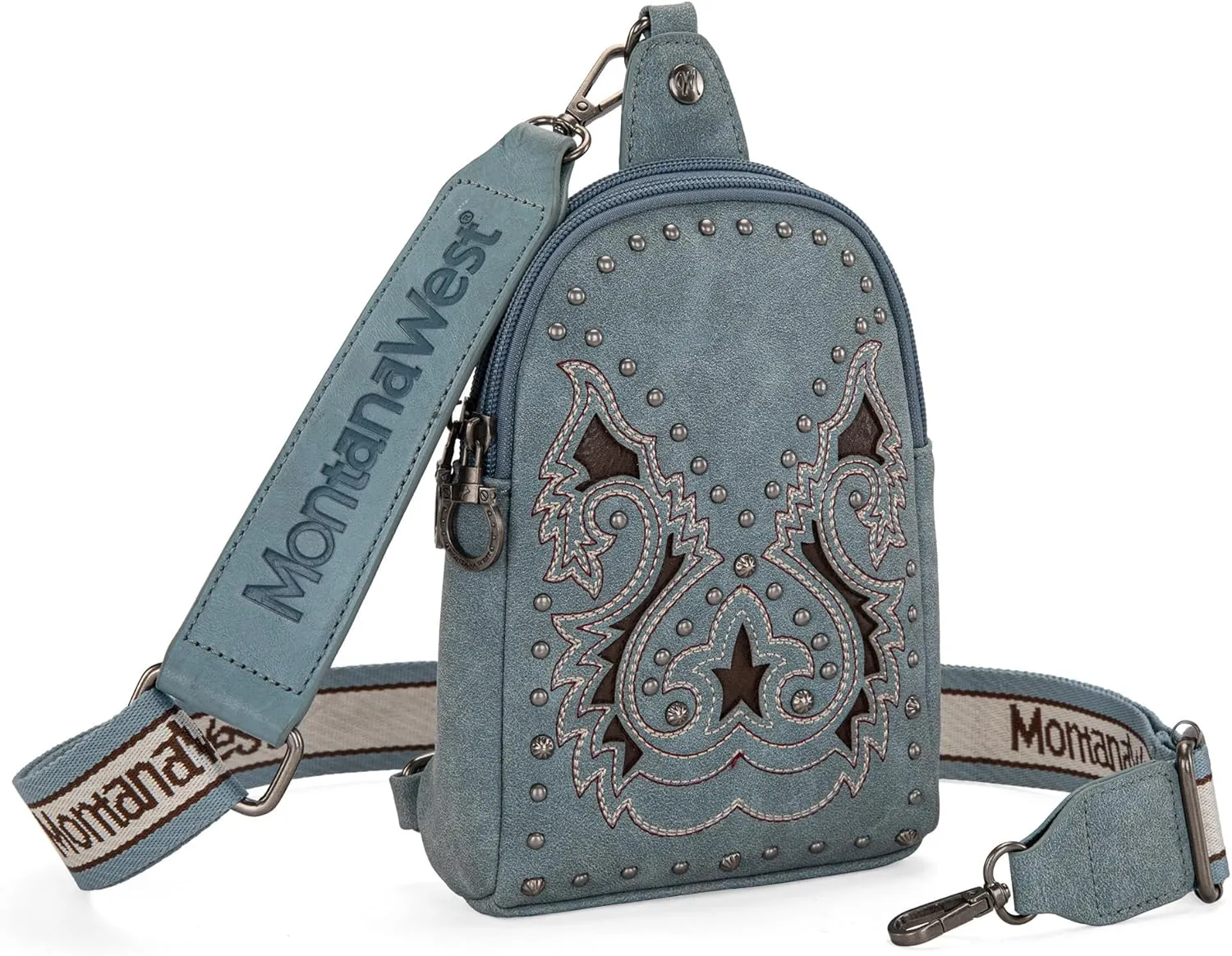 Montana West Cowhead Flora Western Sling Bag for Women Embroidery Cross Body Bag Fanny Pack with Wide Guitar Strap