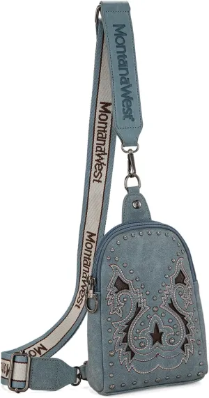 Montana West Cowhead Flora Western Sling Bag for Women Embroidery Cross Body Bag Fanny Pack with Wide Guitar Strap