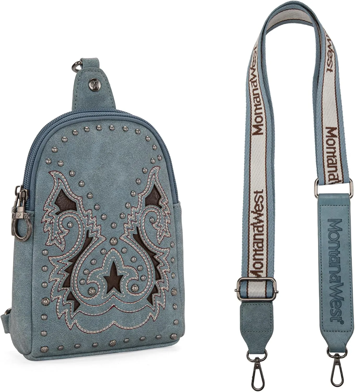 Montana West Cowhead Flora Western Sling Bag for Women Embroidery Cross Body Bag Fanny Pack with Wide Guitar Strap