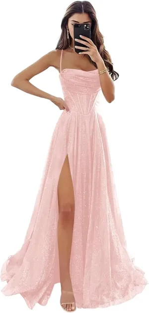 Monvelli Glitter Tulle Prom Dress Long Ball Gown 2025 Spaghetti Straps Sweetheart Formal Evening Dress with Slit