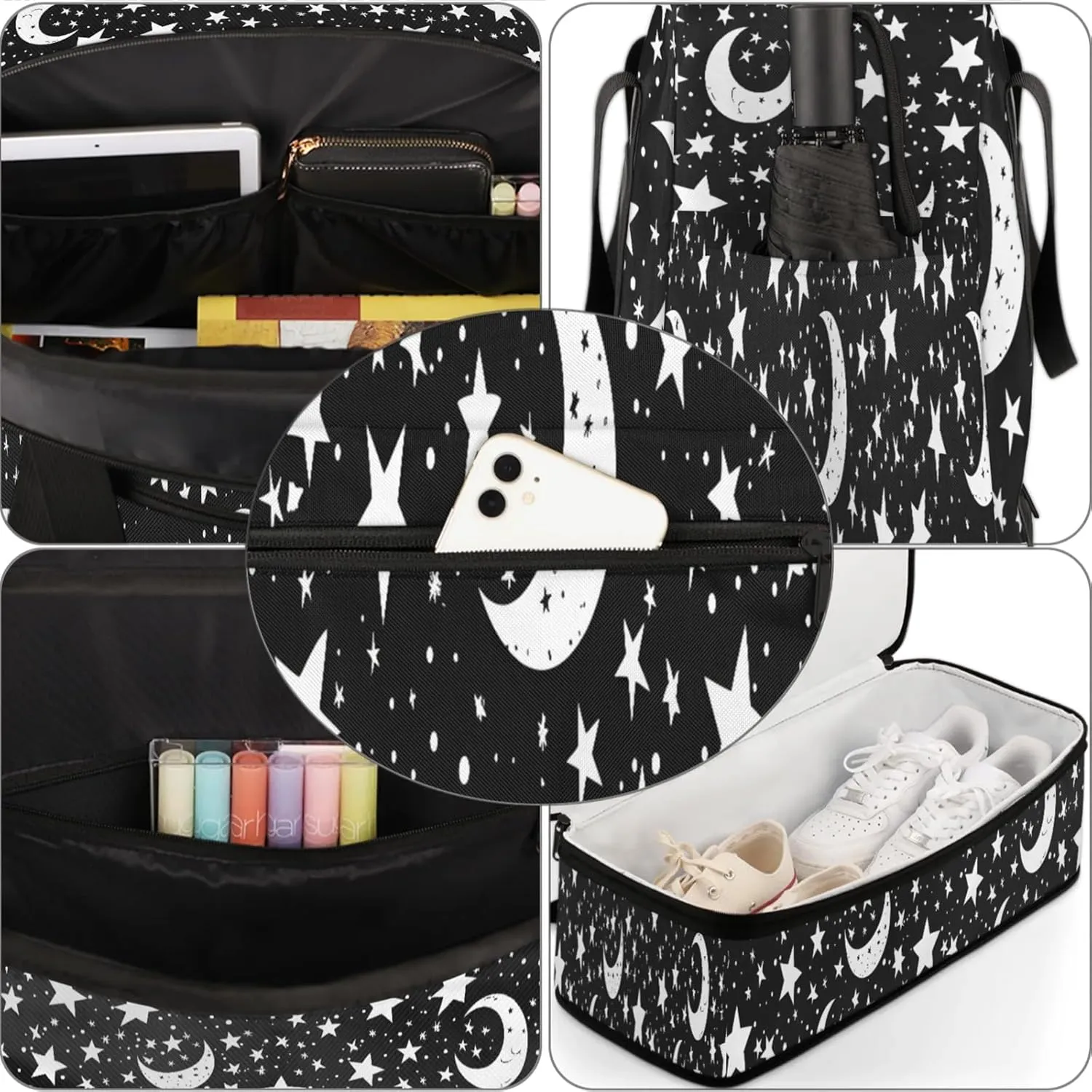Moon Black Stars Travel Duffel Bags for Women & Men Large Sports Gym Bags Foldie Weekender Overnight Bag Carry On Tote Bag With Shoe Compartment Personal Item Bag for Travel Sports Gym