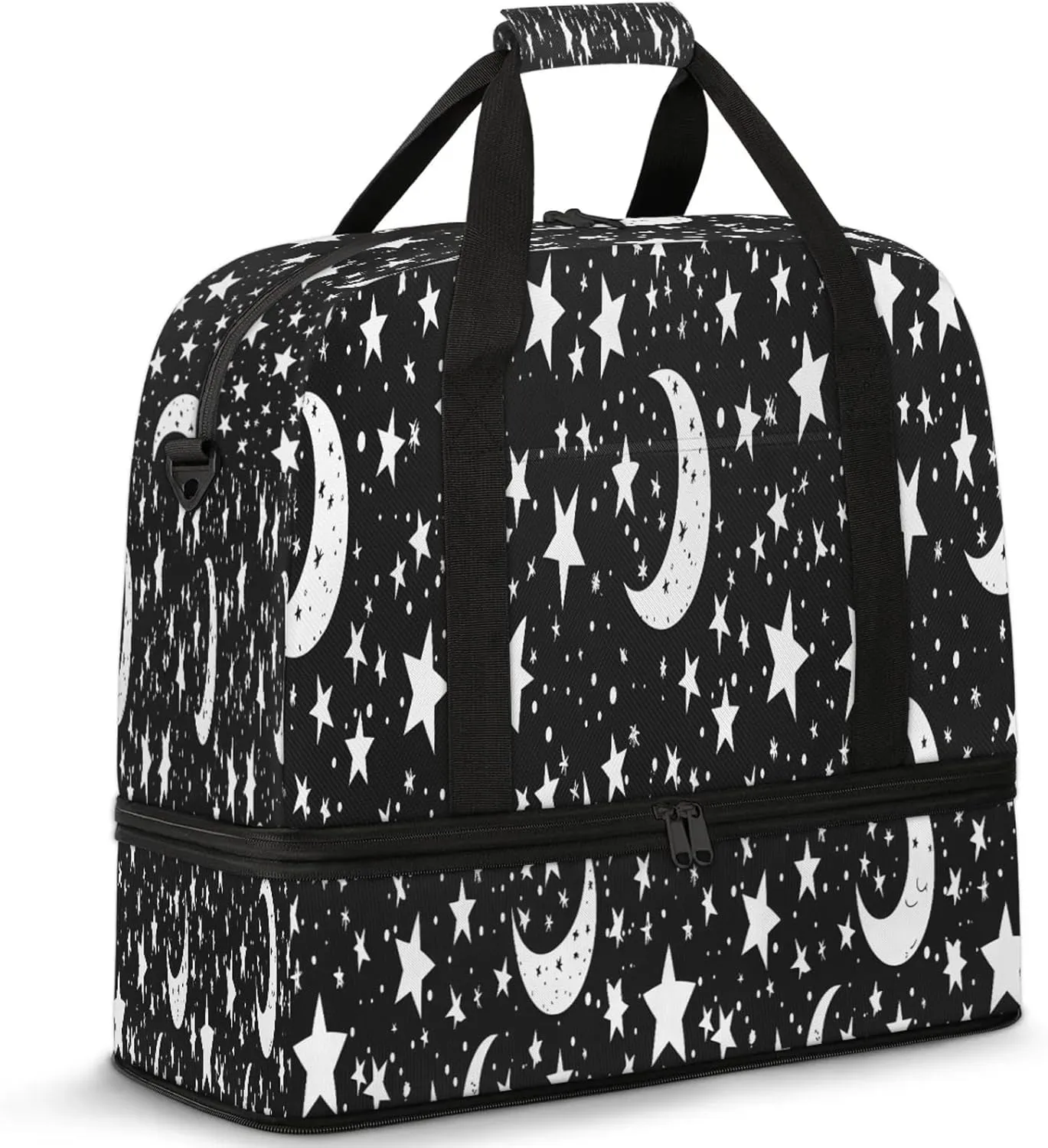 Moon Black Stars Travel Duffel Bags for Women & Men Large Sports Gym Bags Foldie Weekender Overnight Bag Carry On Tote Bag With Shoe Compartment Personal Item Bag for Travel Sports Gym
