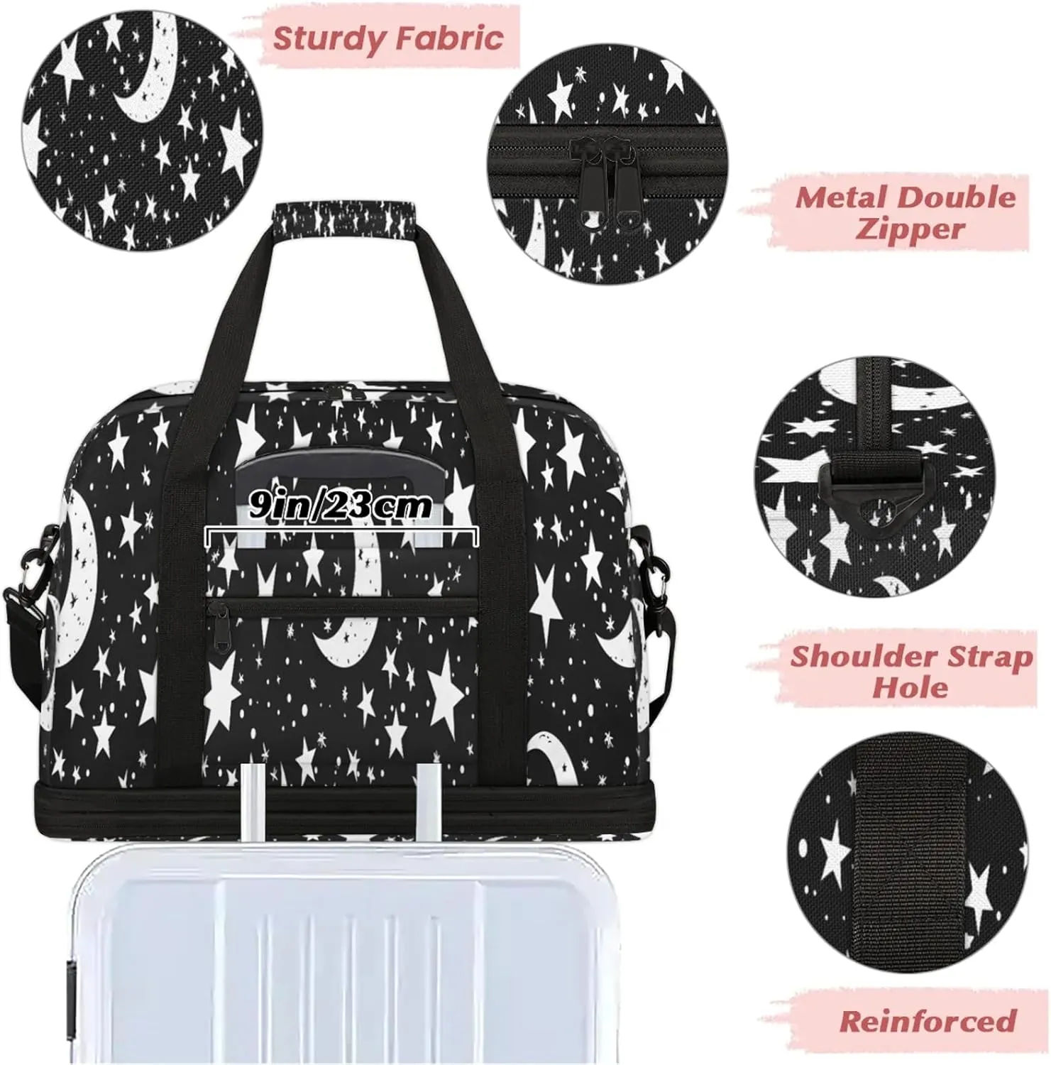 Moon Black Stars Travel Duffel Bags for Women & Men Large Sports Gym Bags Foldie Weekender Overnight Bag Carry On Tote Bag With Shoe Compartment Personal Item Bag for Travel Sports Gym