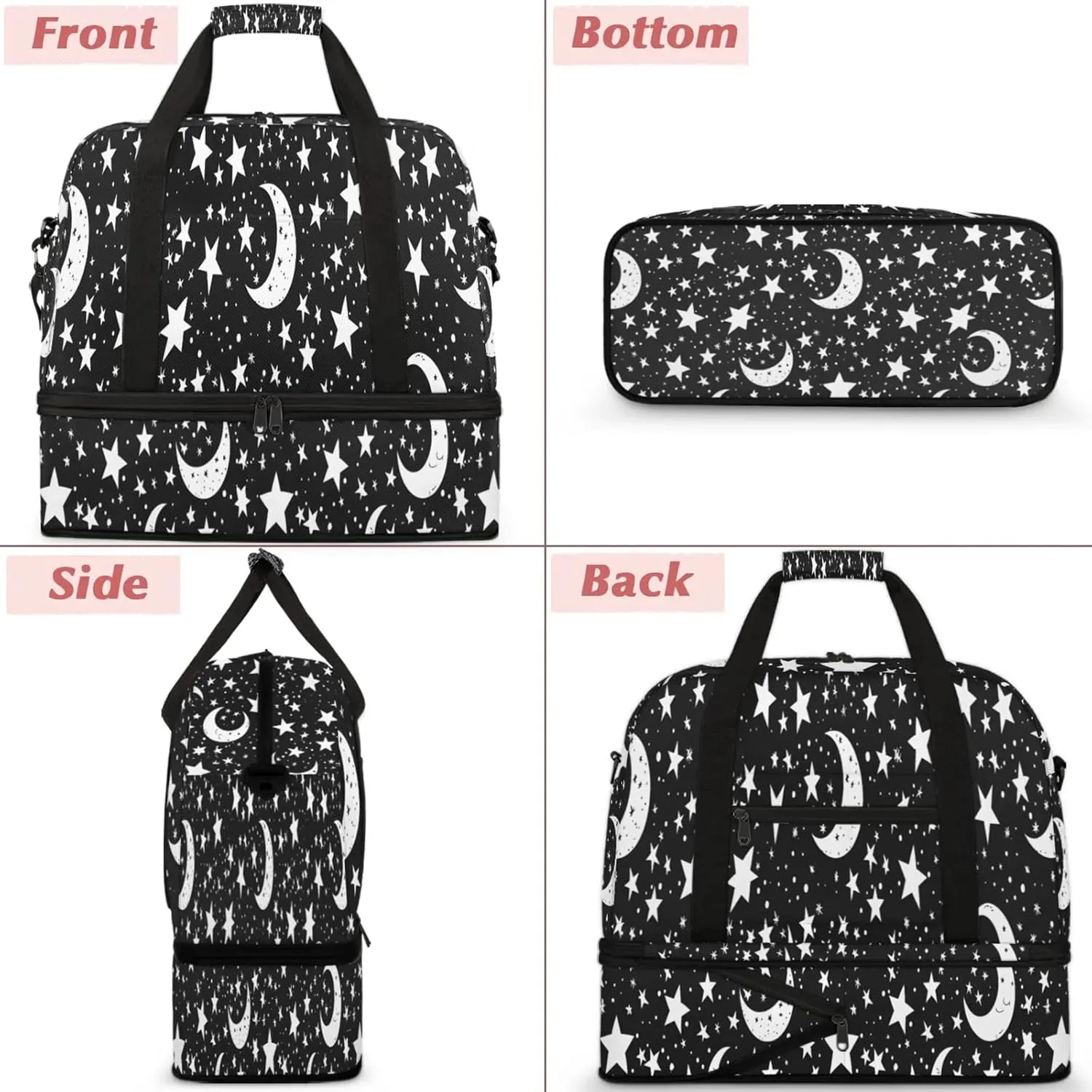 Moon Black Stars Travel Duffel Bags for Women & Men Large Sports Gym Bags Foldie Weekender Overnight Bag Carry On Tote Bag With Shoe Compartment Personal Item Bag for Travel Sports Gym