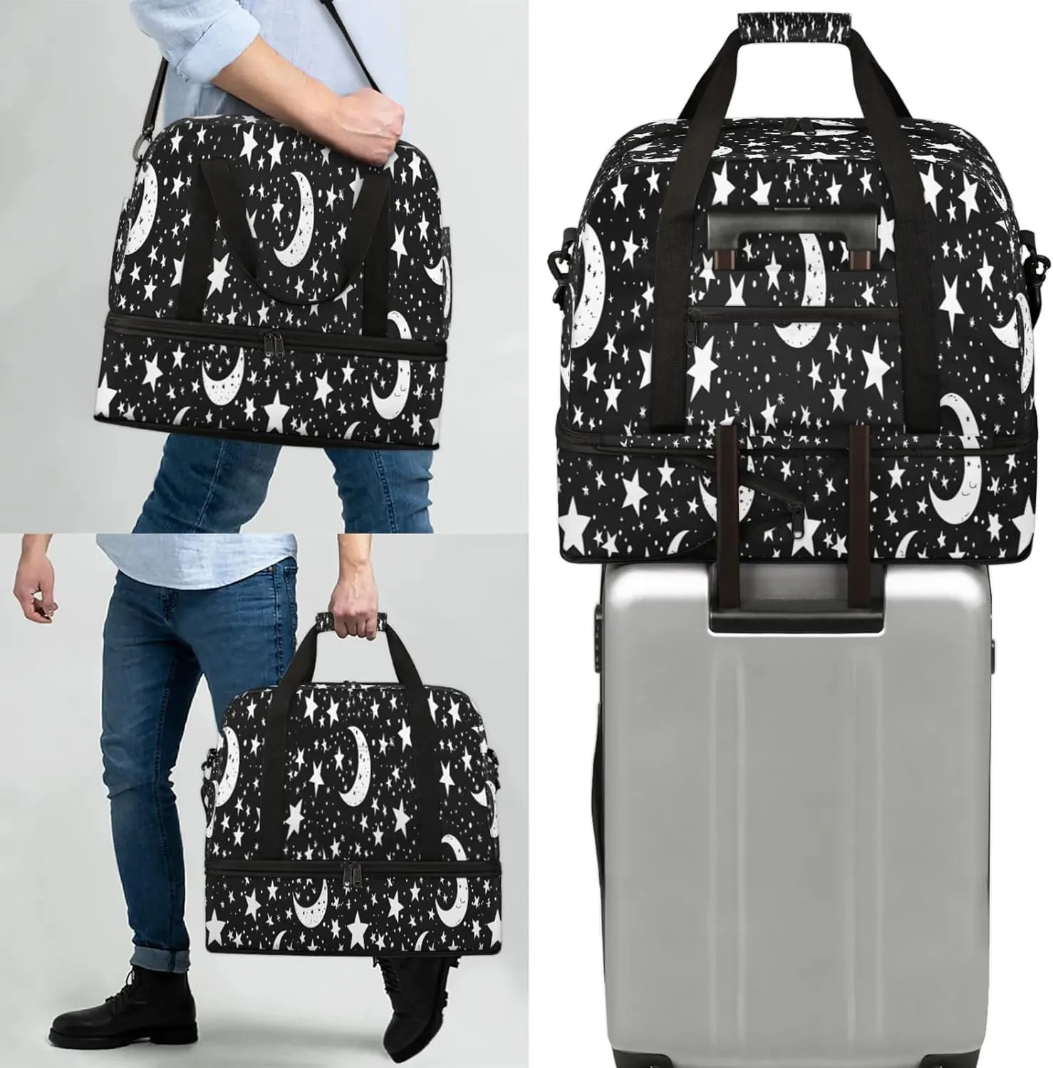 Moon Black Stars Travel Duffel Bags for Women & Men Large Sports Gym Bags Foldie Weekender Overnight Bag Carry On Tote Bag With Shoe Compartment Personal Item Bag for Travel Sports Gym