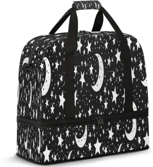 Moon Black Stars Travel Duffel Bags for Women & Men Large Sports Gym Bags Foldie Weekender Overnight Bag Carry On Tote Bag With Shoe Compartment Personal Item Bag for Travel Sports Gym
