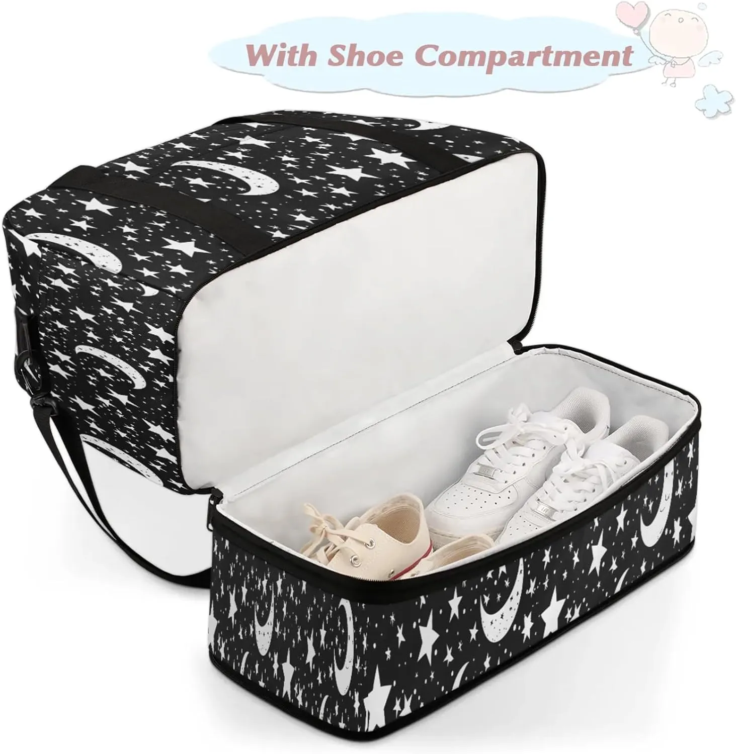 Moon Black Stars Travel Duffel Bags for Women & Men Large Sports Gym Bags Foldie Weekender Overnight Bag Carry On Tote Bag With Shoe Compartment Personal Item Bag for Travel Sports Gym