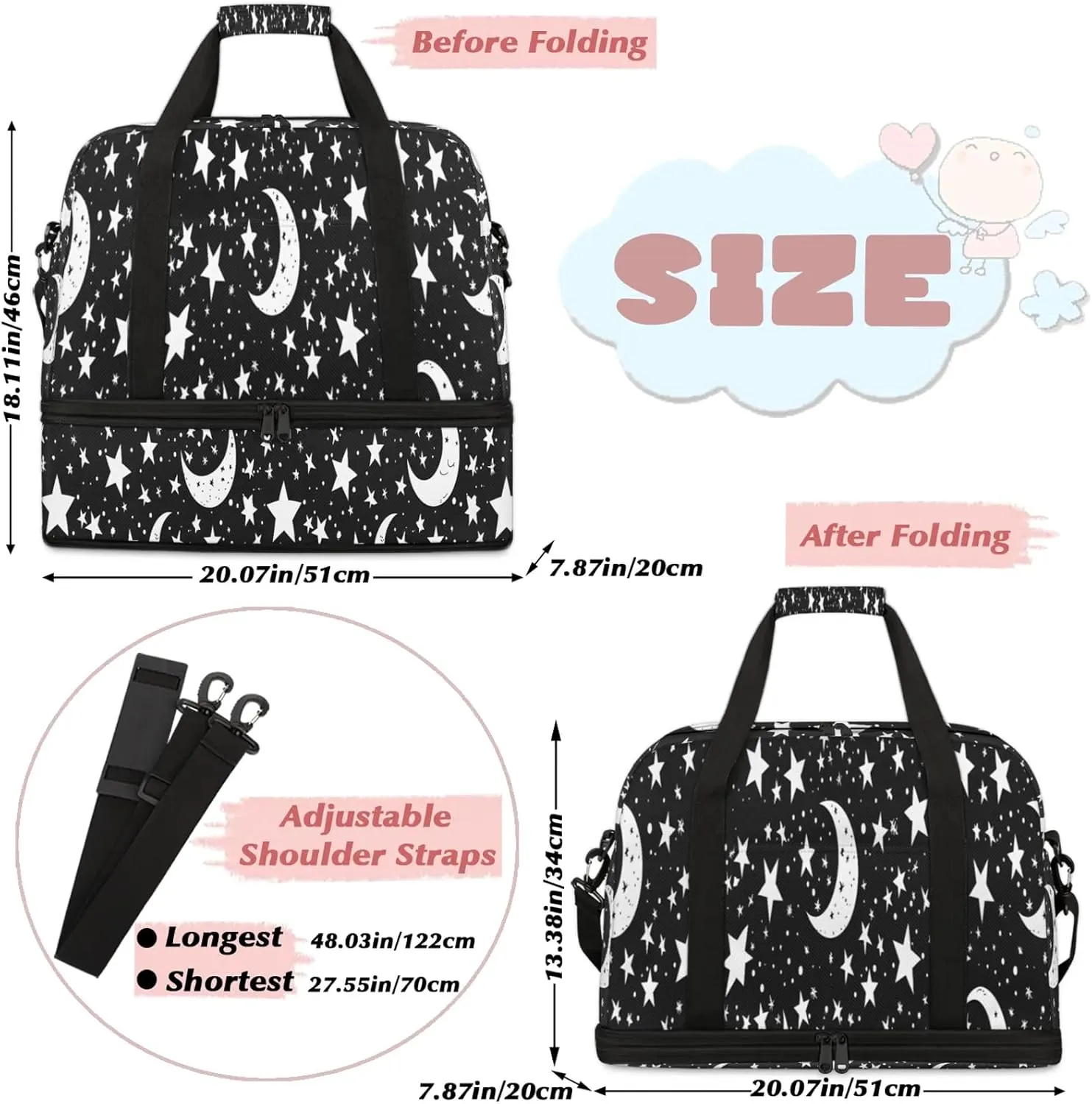 Moon Black Stars Travel Duffel Bags for Women & Men Large Sports Gym Bags Foldie Weekender Overnight Bag Carry On Tote Bag With Shoe Compartment Personal Item Bag for Travel Sports Gym