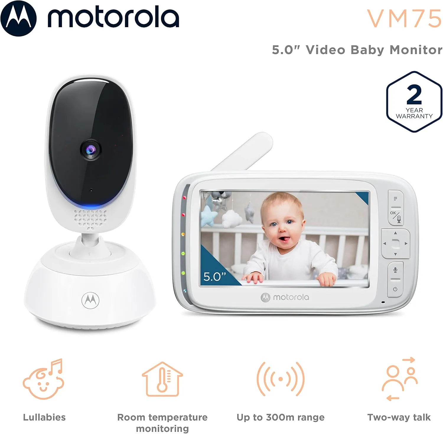 Motorola Nursery VM75 Video Baby Monitor Camera, 1000ft Range no WiFi 2.4 GHz Wireless, 5" Screen, 2-Way Audio, Temperature Sensor, Night Vision