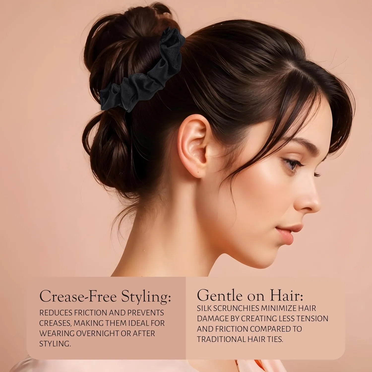 Mulberry Silk Hair Scrunchies, 3 Pack - Large Silk Scrunchies for All Hair Types, Prevents Hair Breakage & Crease-Free Styling - Luxurious Soft Pink, Beige, and Black