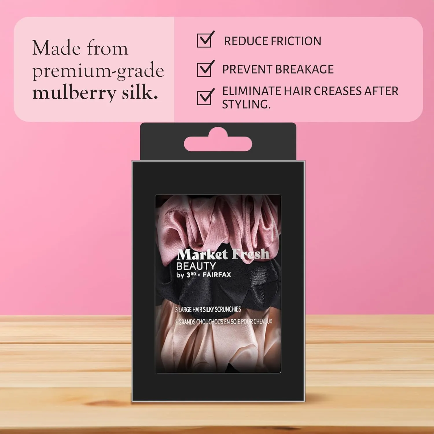 Mulberry Silk Hair Scrunchies, 3 Pack - Large Silk Scrunchies for All Hair Types, Prevents Hair Breakage & Crease-Free Styling - Luxurious Soft Pink, Beige, and Black