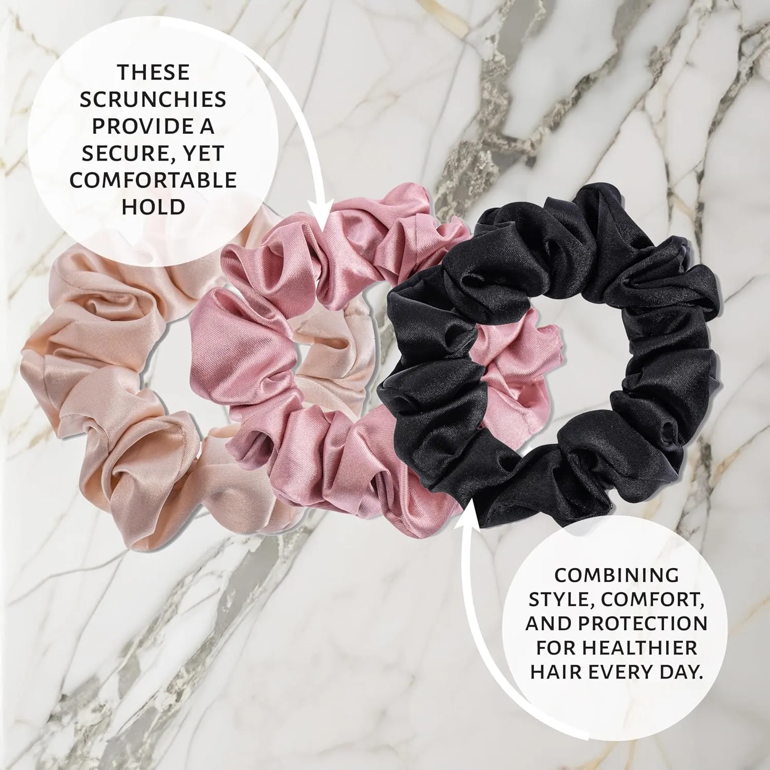 Mulberry Silk Hair Scrunchies, 3 Pack - Large Silk Scrunchies for All Hair Types, Prevents Hair Breakage & Crease-Free Styling - Luxurious Soft Pink, Beige, and Black