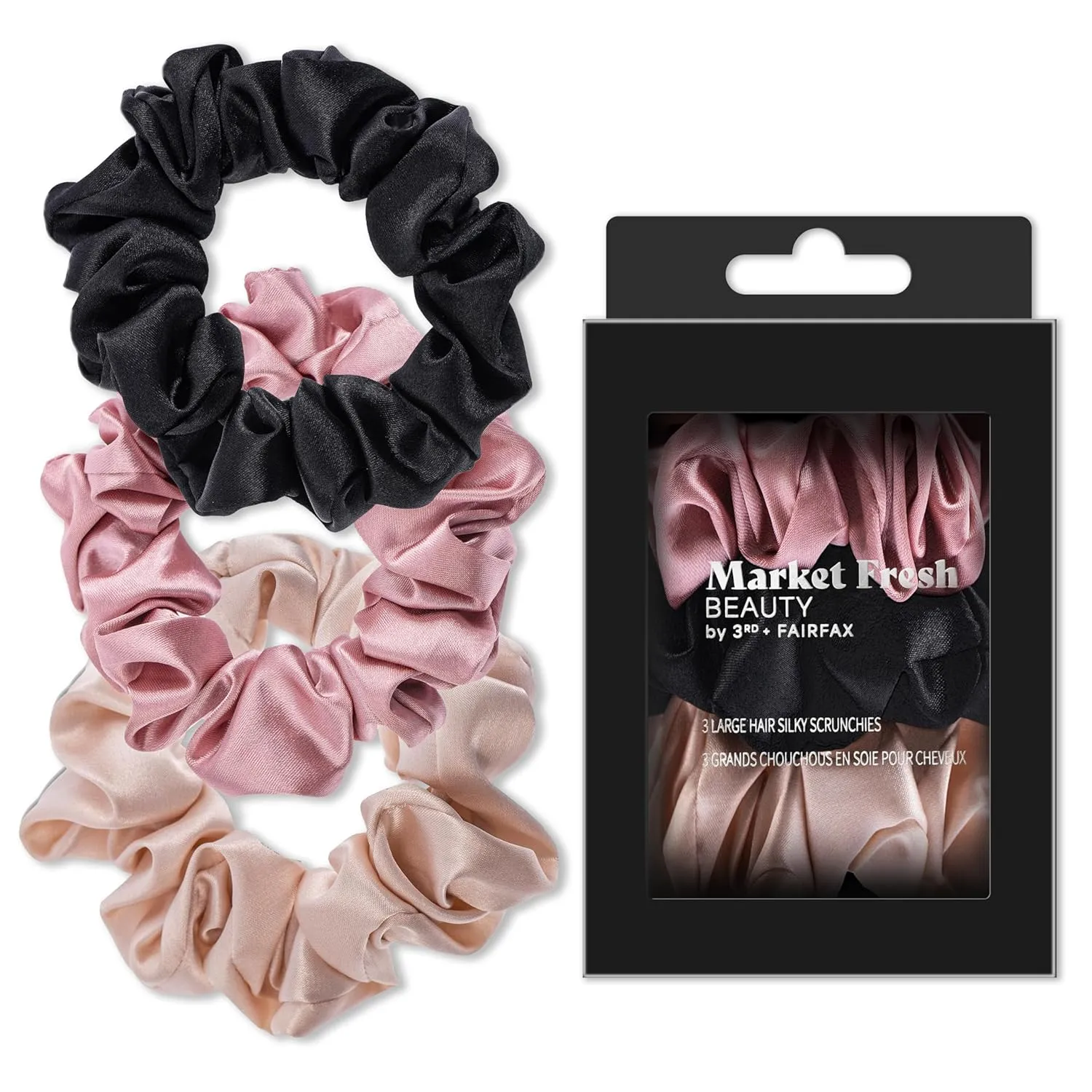 Mulberry Silk Hair Scrunchies, 3 Pack - Large Silk Scrunchies for All Hair Types, Prevents Hair Breakage & Crease-Free Styling - Luxurious Soft Pink, Beige, and Black