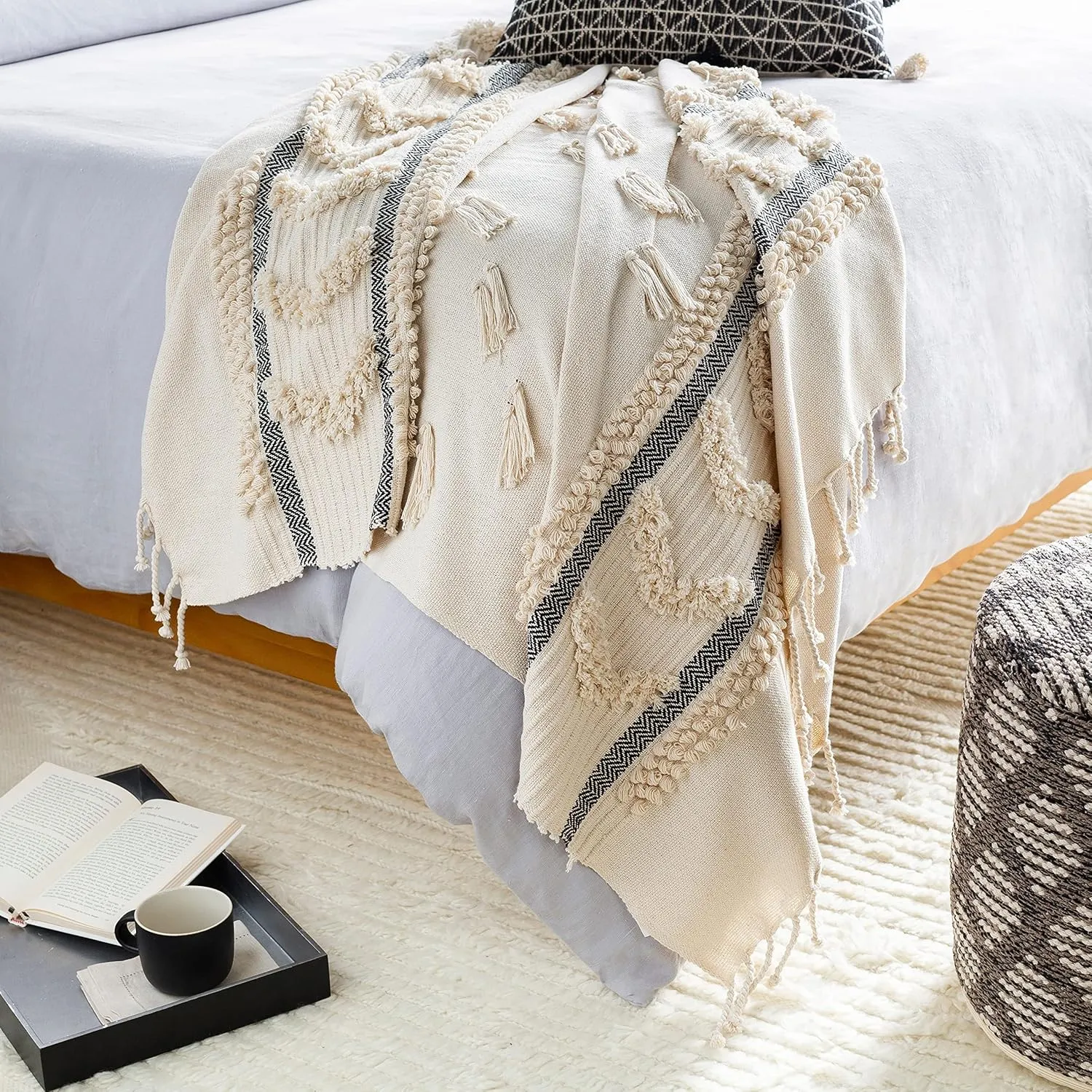 Multi-Textured Ivory Cotton Throw Blue Grey White Textured Bohemian Eclectic Farmhouse Shabby Chic Chenille Handmade