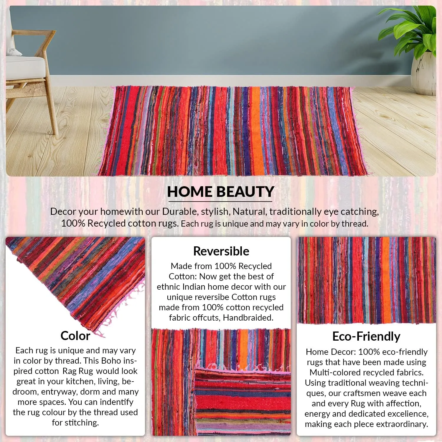 Multicolor Living Room Rugs, Runner Rugs 4 * 6', Recycled Chindi Rugs for entryway, Hand Woven Area Rugs, Kitchen Rugs, Boho Area Rug, Room Rug, Runner Rag Rug, Rustic Rug 48 * 72 Inch (Pink Colour)