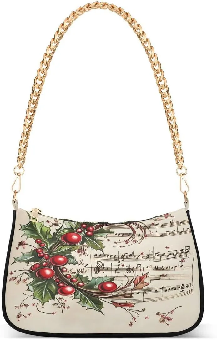 Music Notes Sheet Fruit Leaf Tote Bag Hobo Handbag for Women Ladies Shoulder Bag Mini Clutch Purse with Zipper Closure